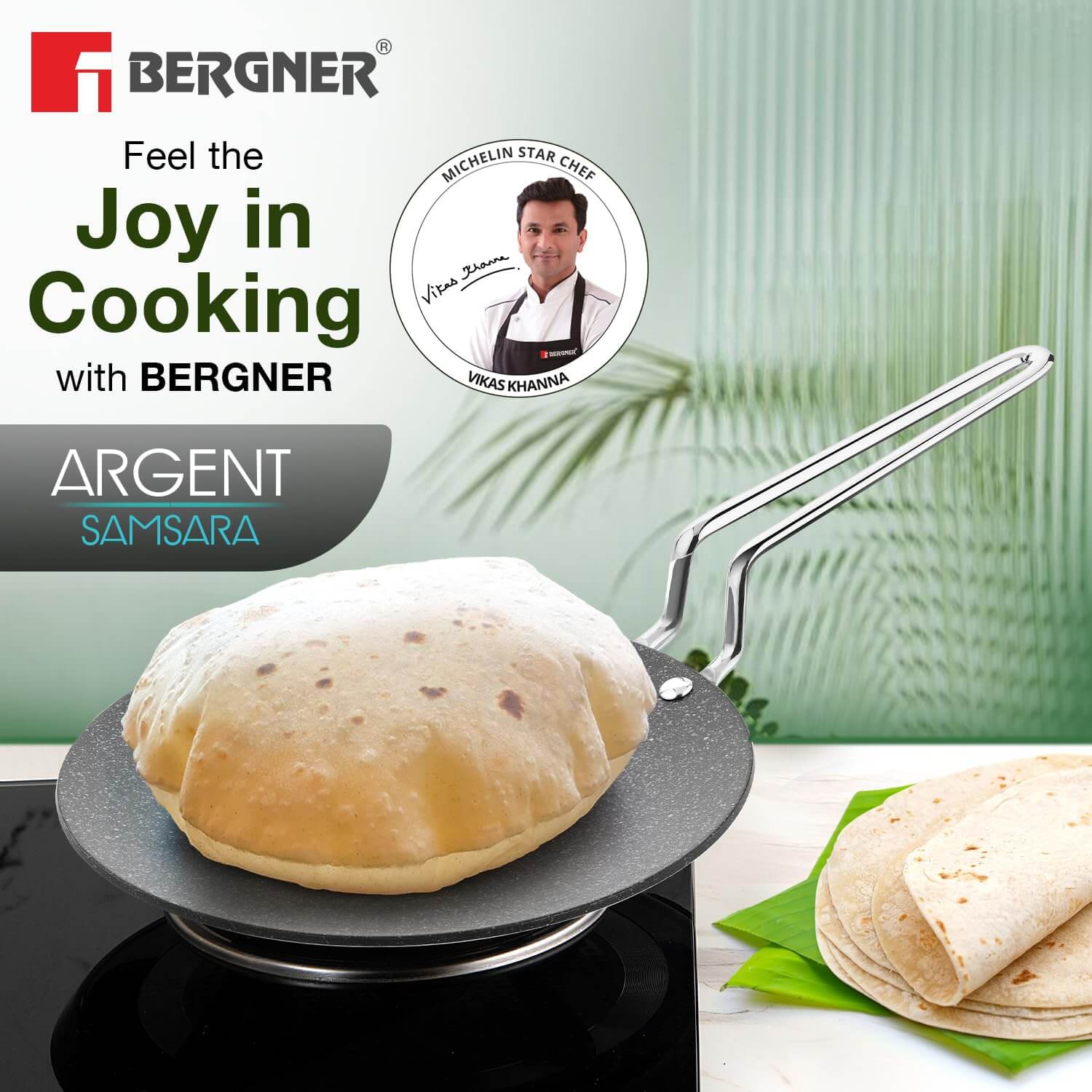 Bergner Argent Samsara 26cm Triply Stainless Steel Roti Tawa - Premium Non-Stick Coating, Induction Compatible