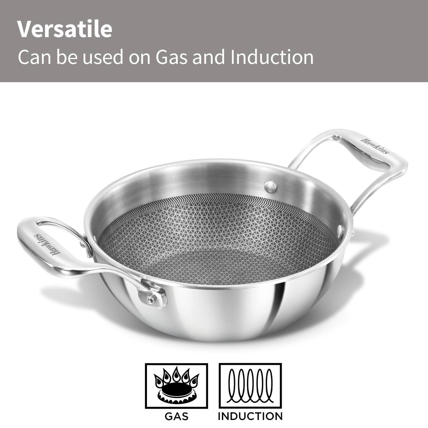 Hawkins Pro 1.5L Nonstick Triply Kadhai with Stainless Steel Handles & Glass Lid  PSNK15G