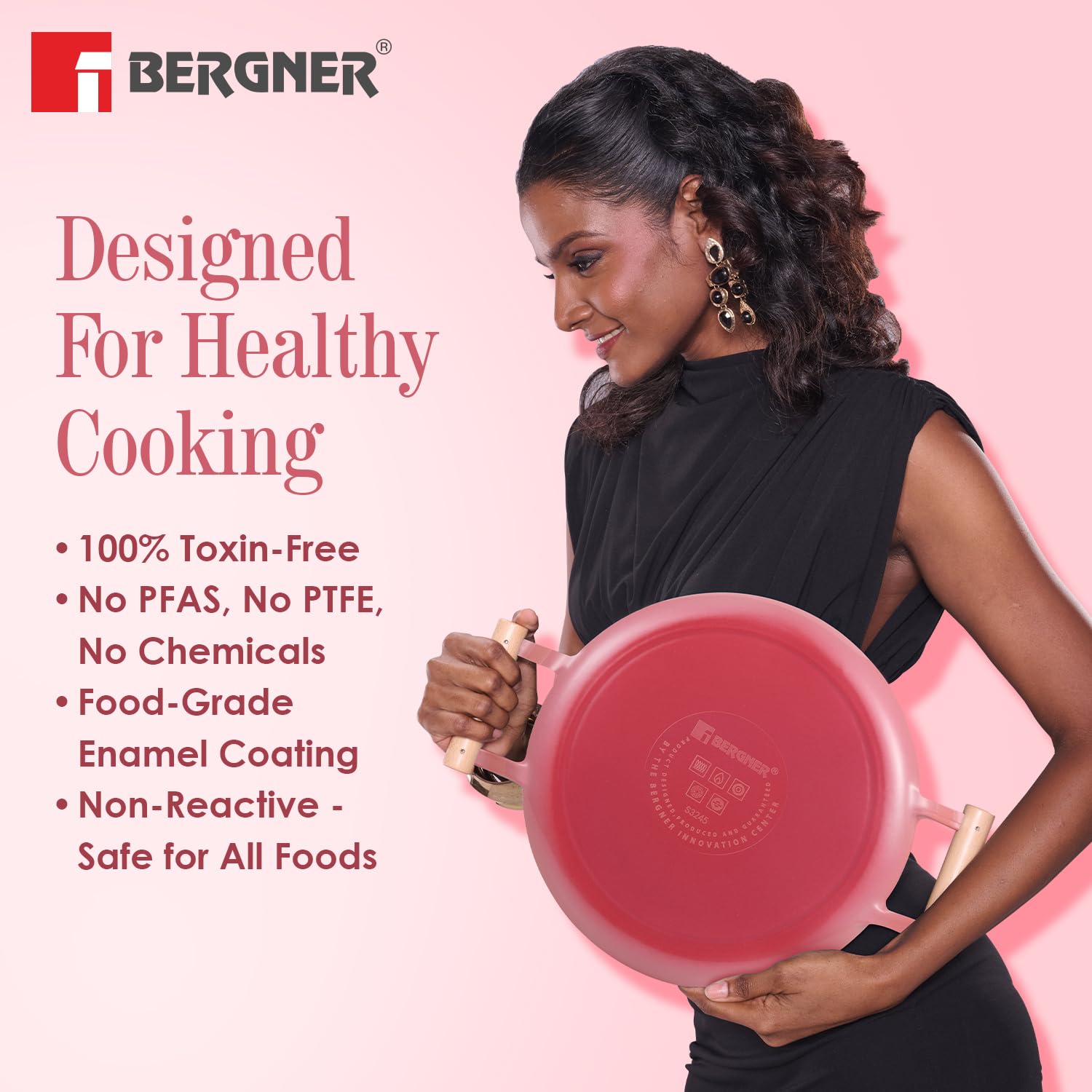 BERGNER Excalibur Cast Iron Paniyarakal 22cm 12 Pits with Lid – Pink