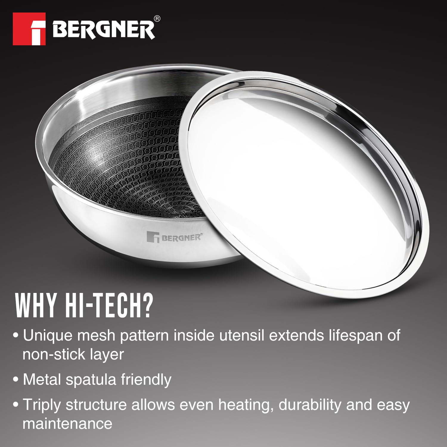Bergner Hitech Triply Non-Stick MEsh Pattern Tasla with Induction Bottom