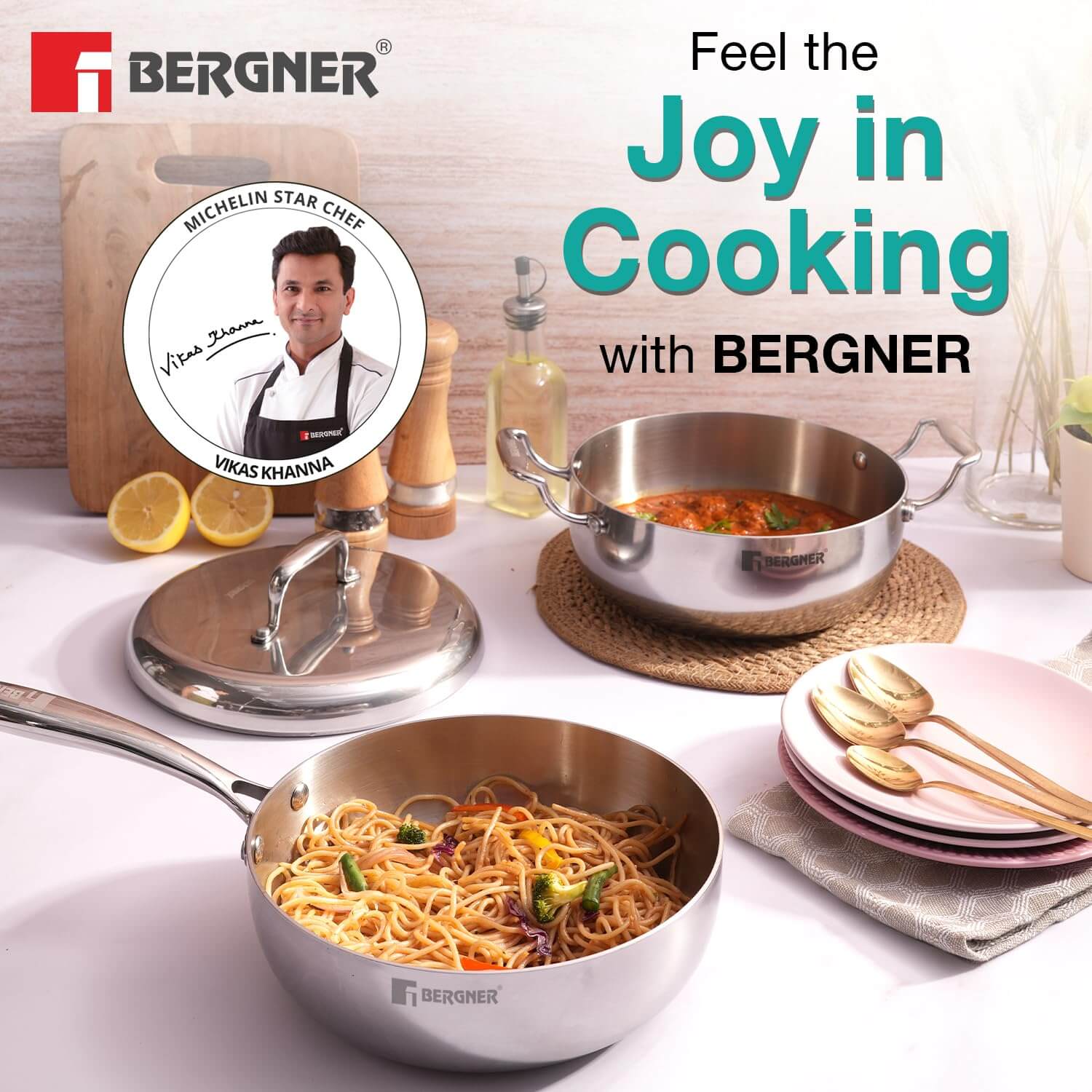Bergner Argent Saira Saiba Triply Stainless Steel 3 Pcs Cookware Set - Multi Frypan, Casserole & Lid