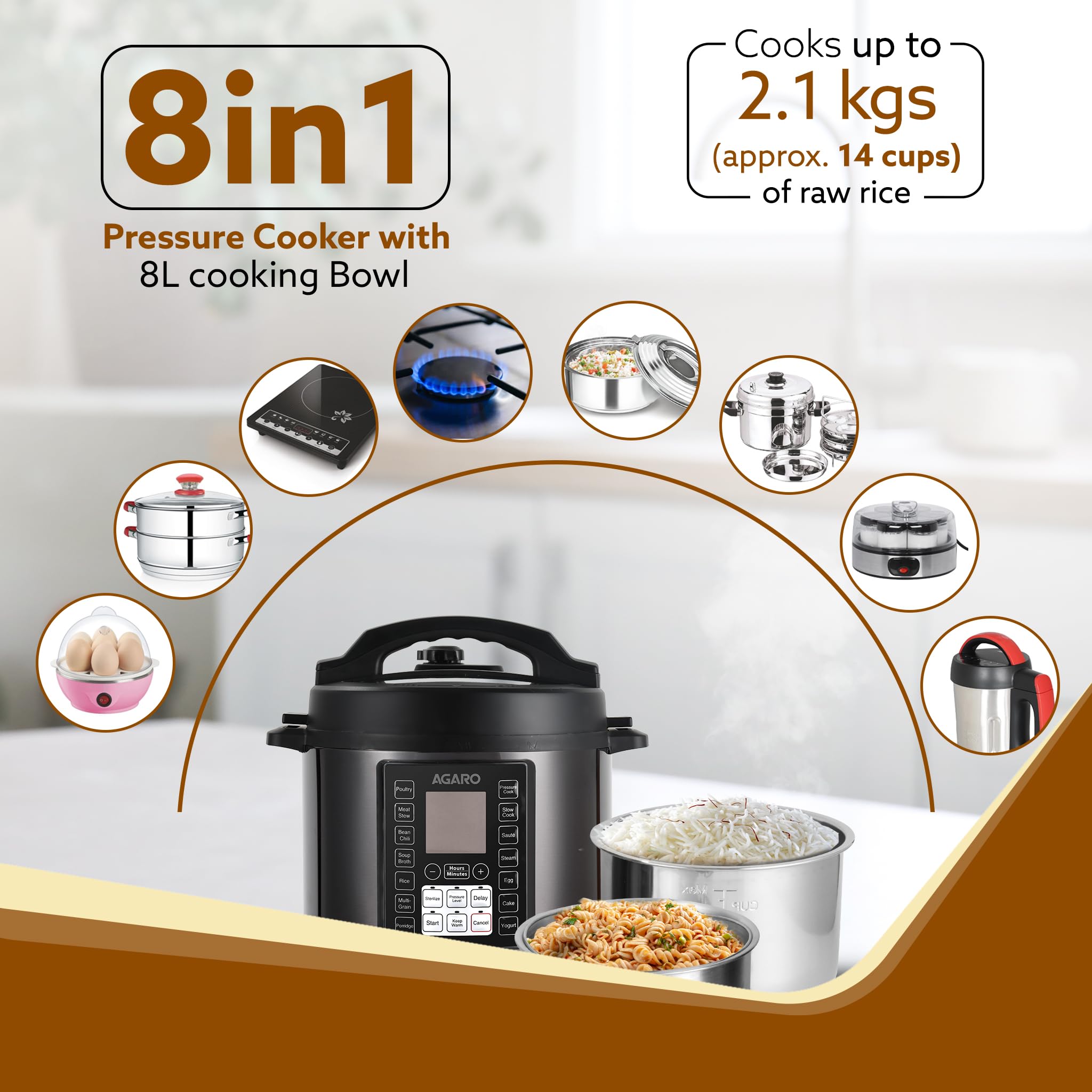 AGARO Imperial 8L Electric Pressure Cooker, 14 Functions, Stainless Steel