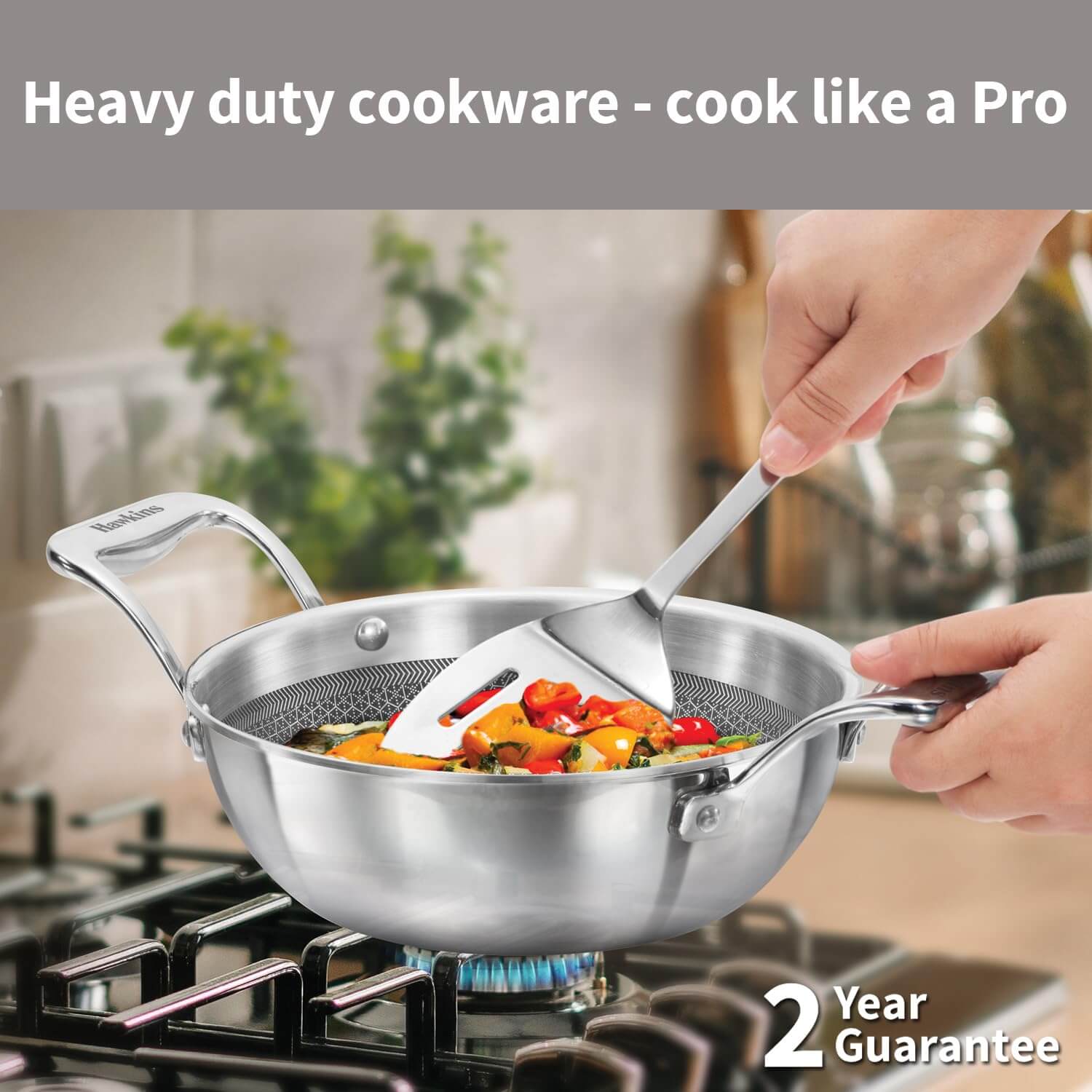 Hawkins Pro 1.5L Nonstick Triply Kadhai with Stainless Steel Handles & Glass Lid  PSNK15G