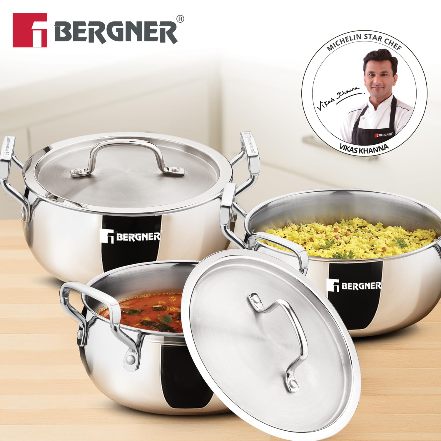 Bergner TriPro Triply Casserole Set 16cm, 18cm and 20cms (BGIN-6612)