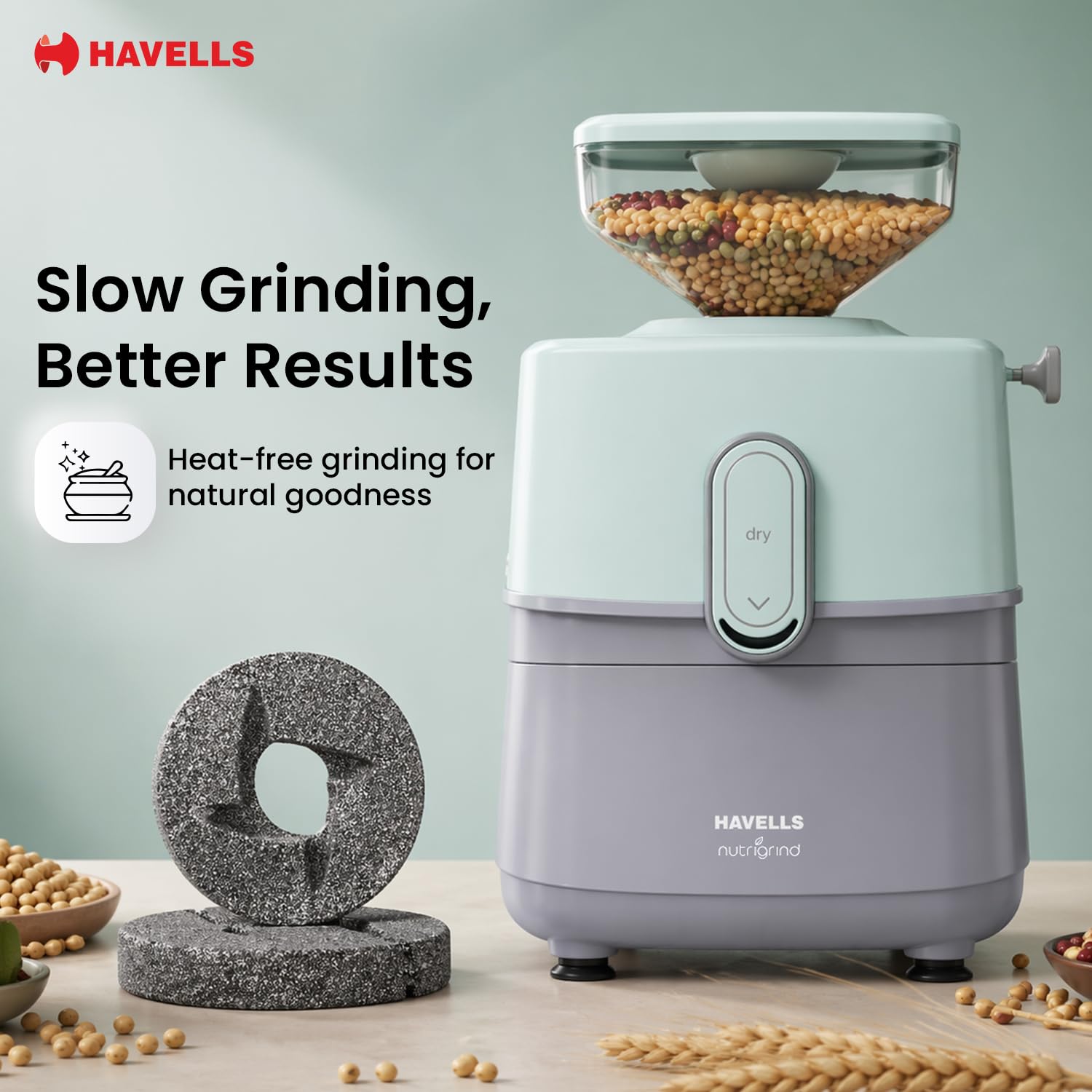 Havells Nutrigrind Atta Mill 400W Stone Grain Mill | 1400 RPM Dry Grinding | Flour, Spice & Grain Grinder