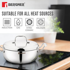 Bergner Argent Saira Saiba Triply Stainless Steel 3 Pcs Cookware Set - Multi Frypan, Casserole & Lid