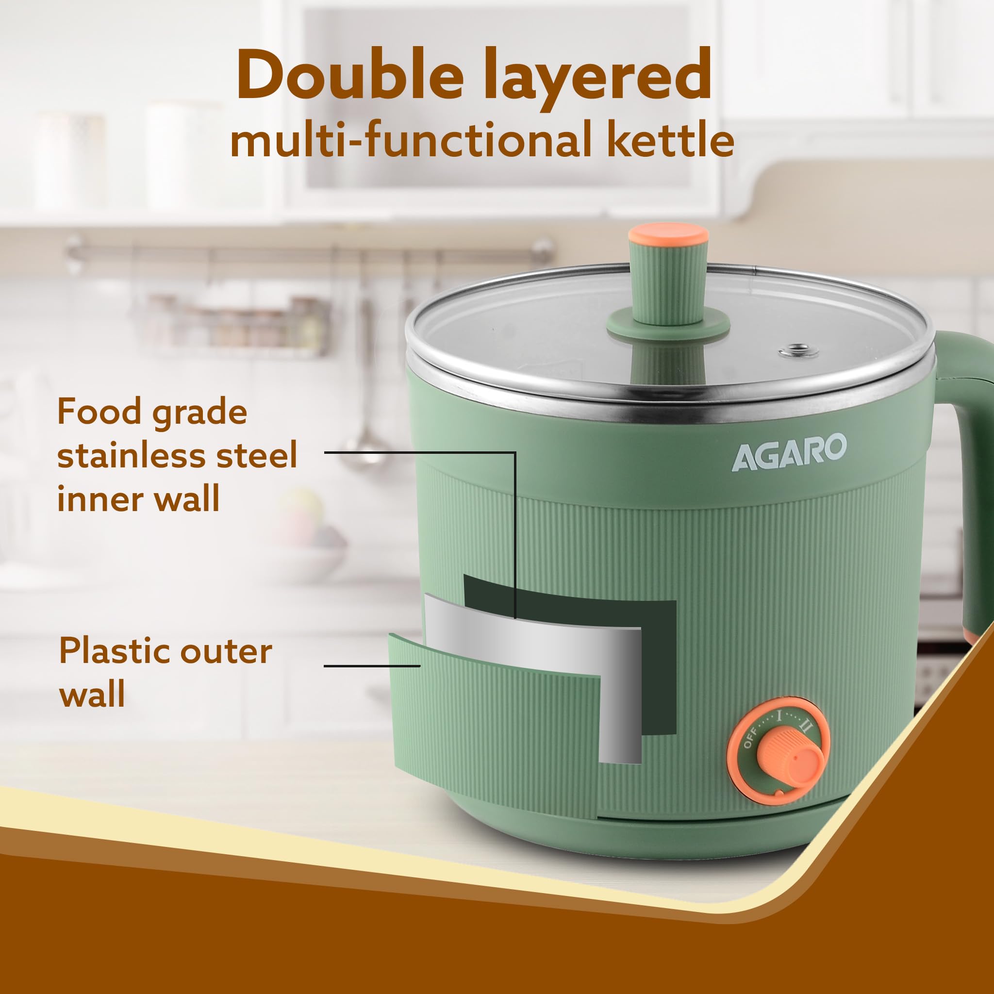 AGARO Regency Multi Cook Kettle With Steamer, 1.2L Inner Pot 600watts