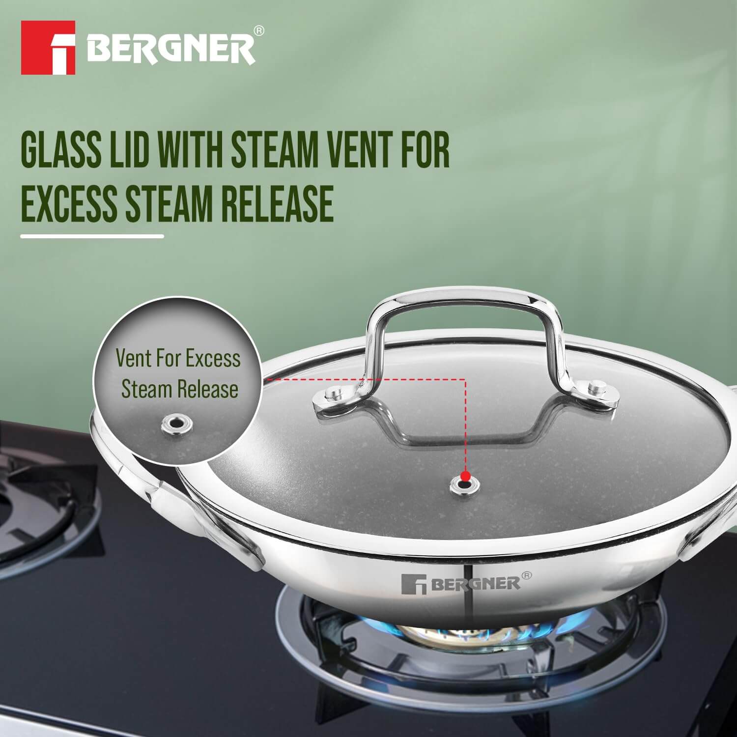 Bergner Argent Samsara Triply Stainless Steel Appachetty 21cms with Glass Lid