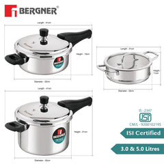 Bergner Tri-Max TriPly Pressure Cooker Combo 5L+3L with 20cm Steamer