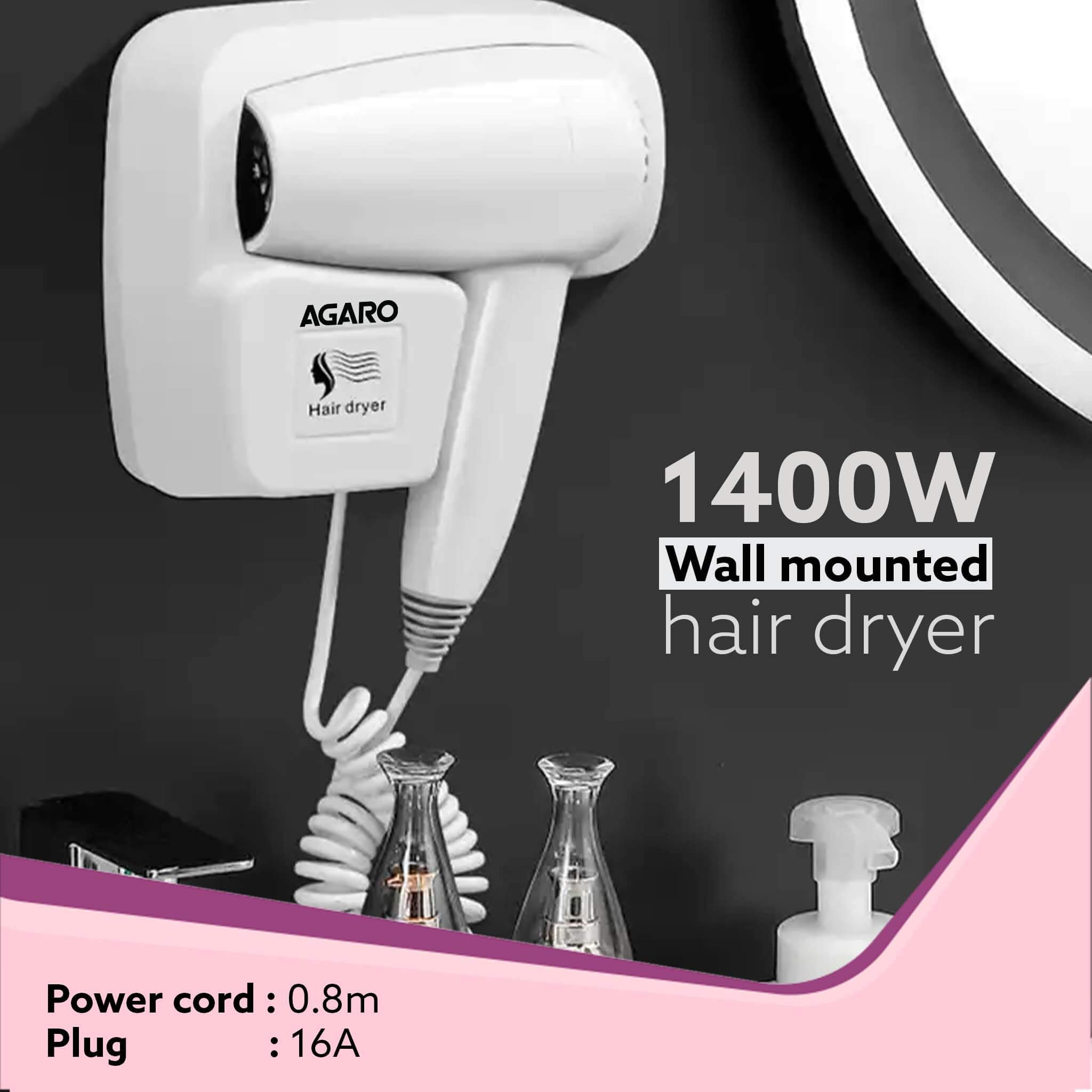 AGARO HD1417 Wall Mounted Hair Dryer 1400W – White (Salon / Hotel Style Hair Dryer)