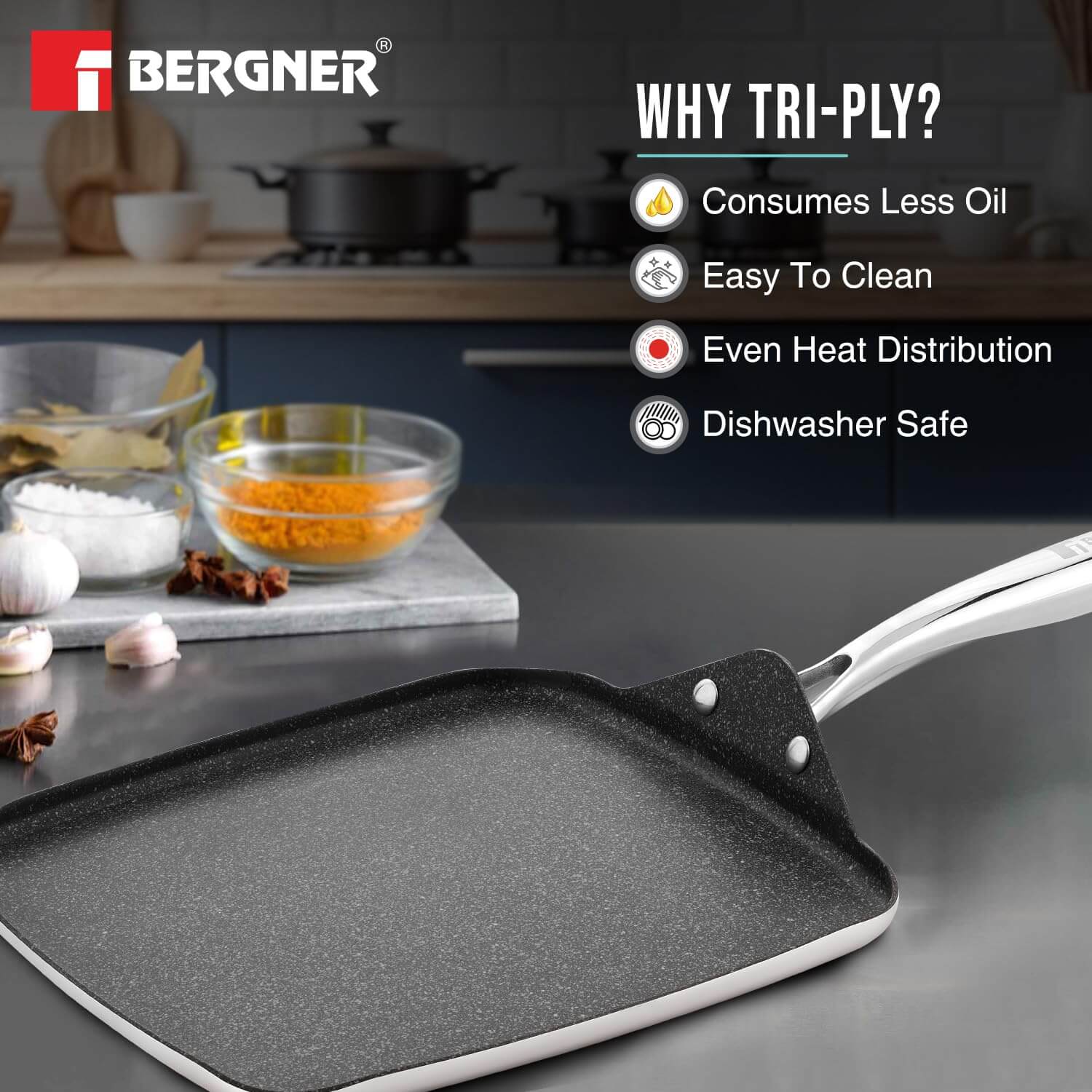BERGNER Argent Samsara Triply Stainless Steel 27cm Square Multi Tawa