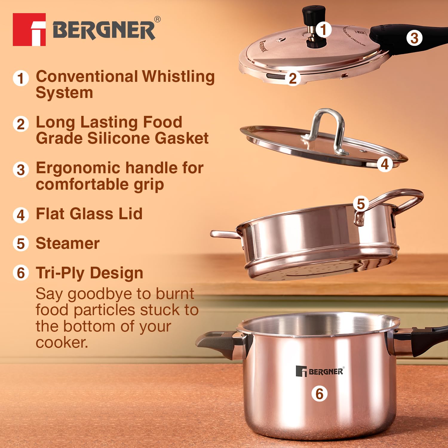 Bergner Tri-Max TriPly Pressure Cooker Combo 5L+3L with 20cm Steamer