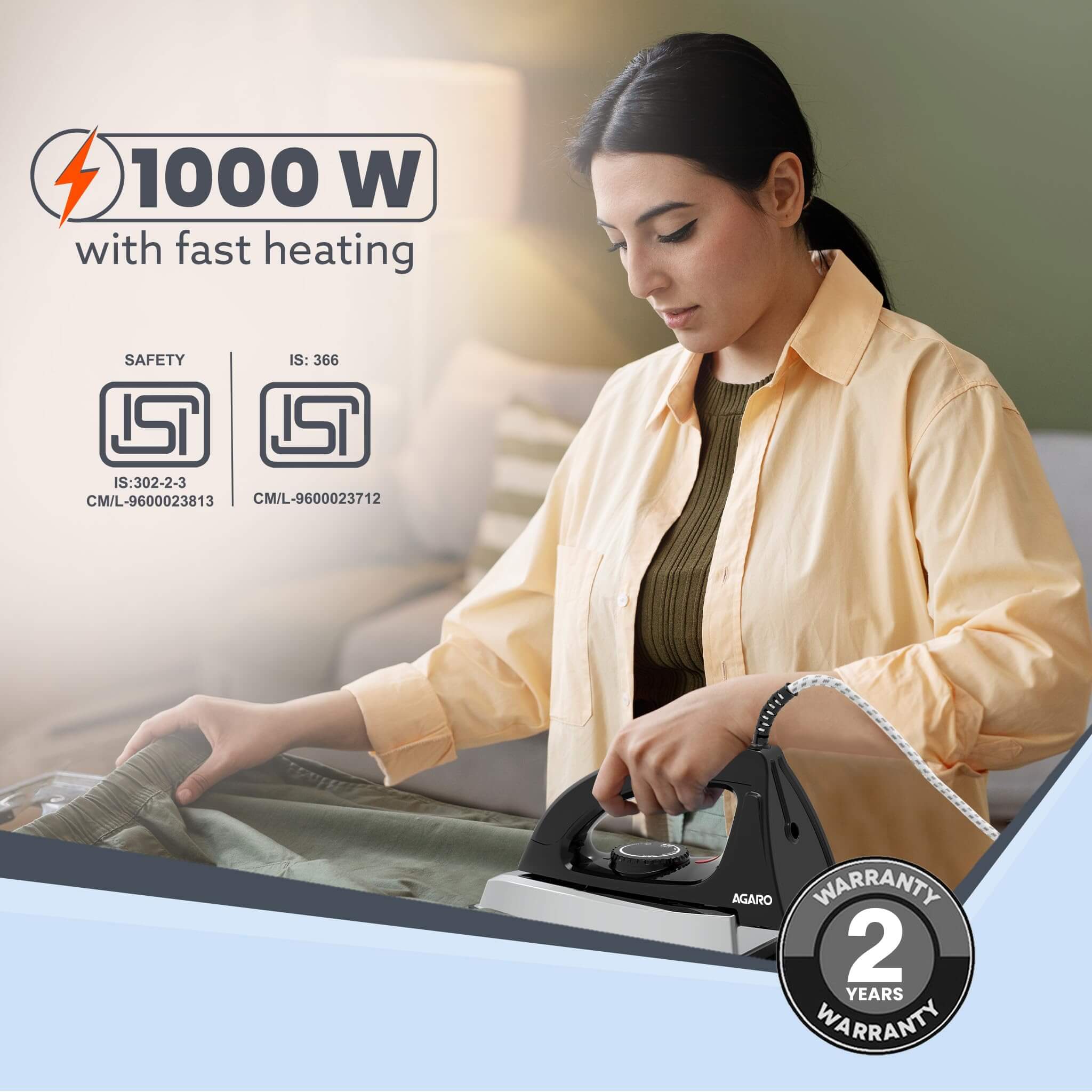 AGARO Regal 1000W Heavy Weight Electric Dry Iron - Non-Stick Coated Sole Plate for Wrinkle-Free Clothes