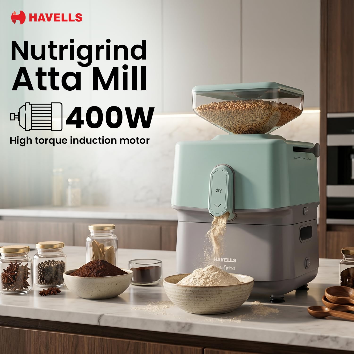 Havells Nutrigrind Atta Mill 400W Stone Grain Mill | 1400 RPM Dry Grinding | Flour, Spice & Grain Grinder