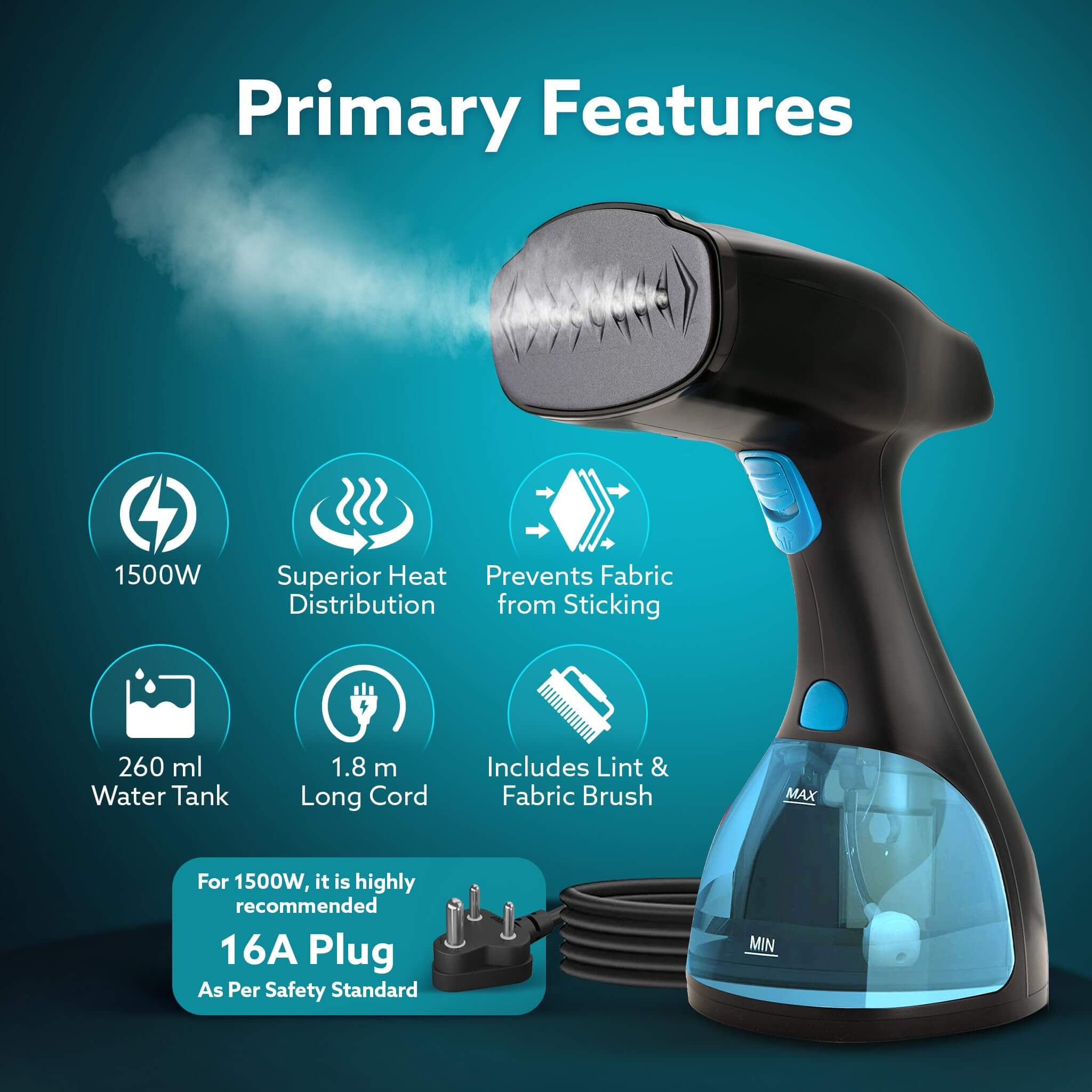 AGARO Signify 1500W Handheld Garment Steamer with Ceramic Nozzle & 260ML Tank