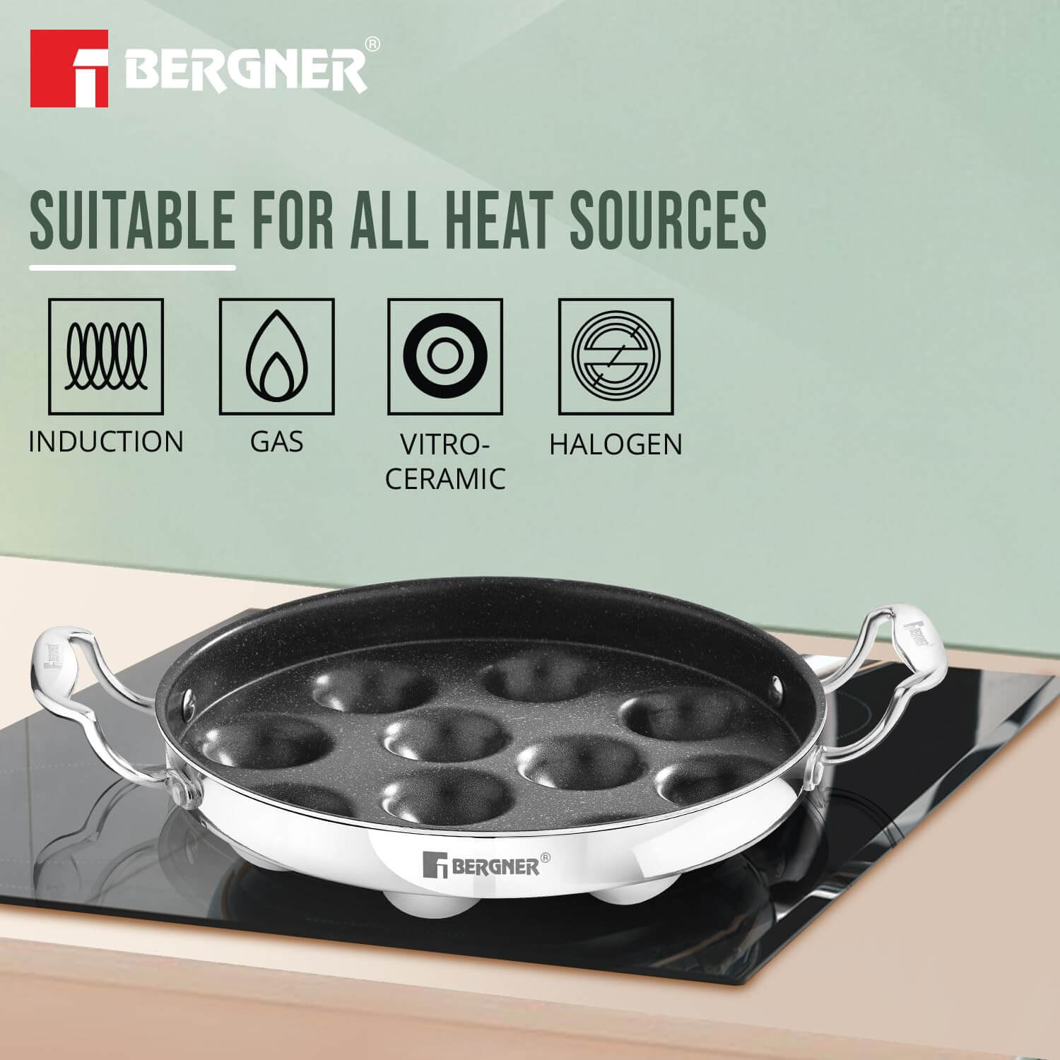 Bergner Argent Samsara Triply Stainless Steel Paniyarakkal 25cm (11 Pits) – Non-Stick, Induction Compatible