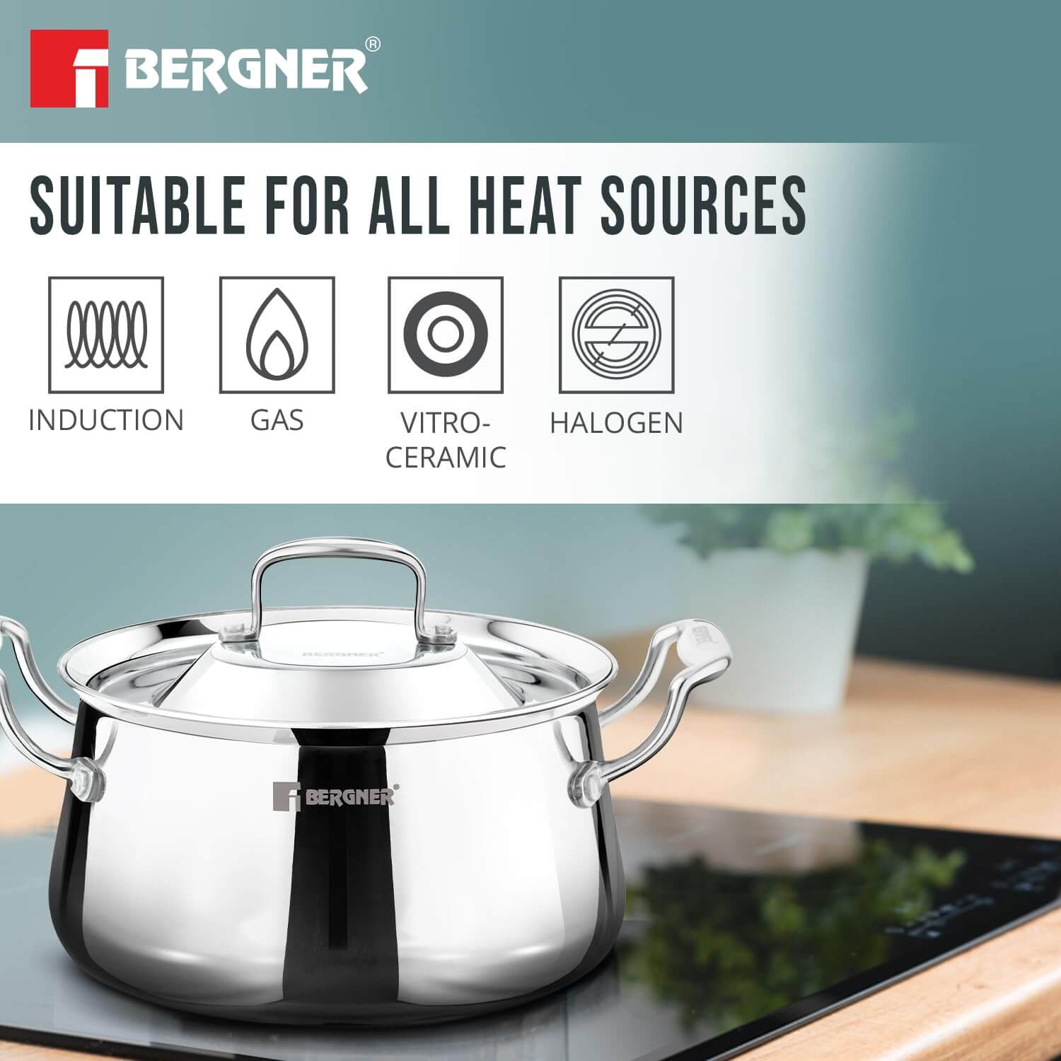 Bergner Argent Samsara Triply Stainless Steel Biryani Handi with Lid - Induction Compatible Cookware