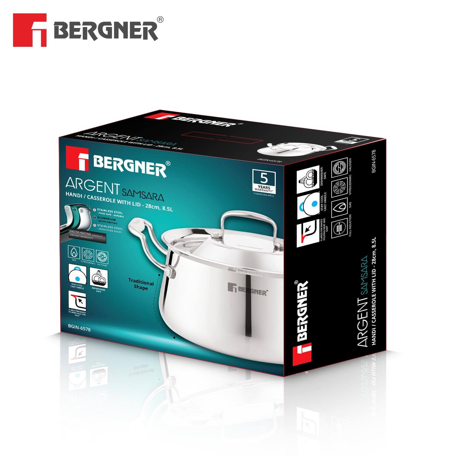 Bergner Argent Samsara Triply Stainless Steel Biryani Handi with Lid - Induction Compatible Cookware