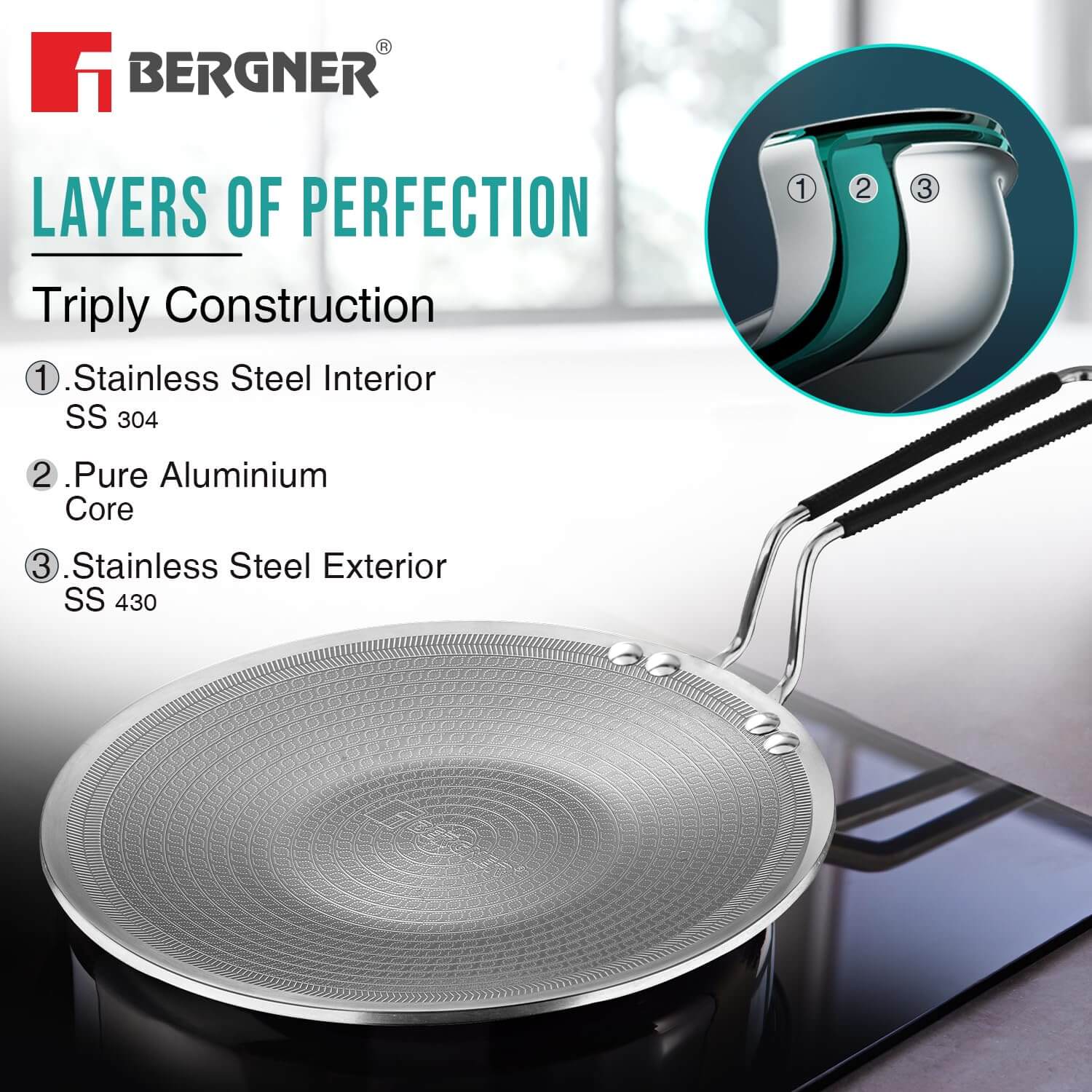 BERGNER Hi-Tech Giro Triply Ceramic Coated Roti Tawa with Stay Cool Handle, Induction Compatible