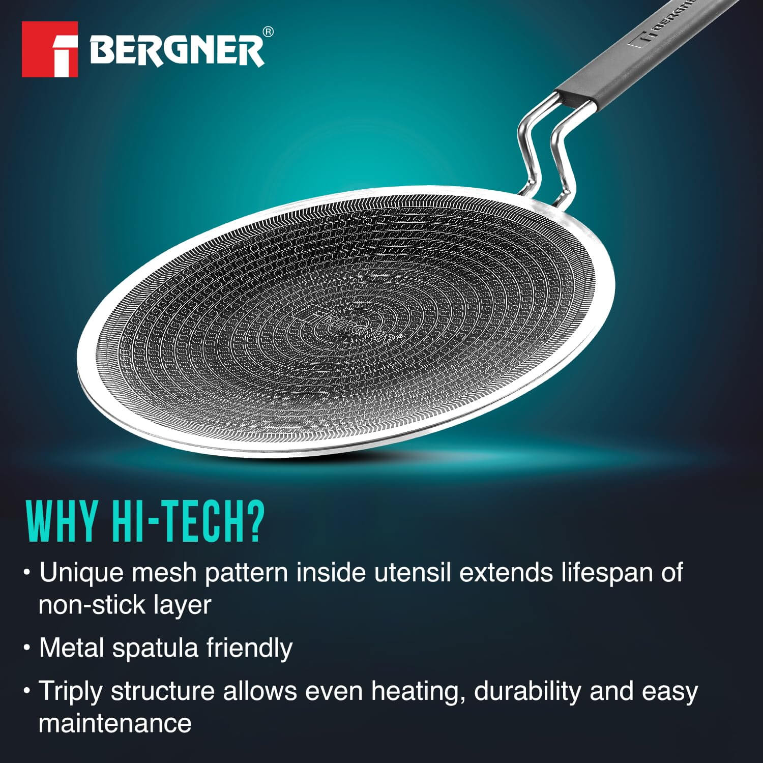 BERGNER Hi-Tech 22cm Tri-Ply Non-Stick Roti Tawa with Honeycomb Coating