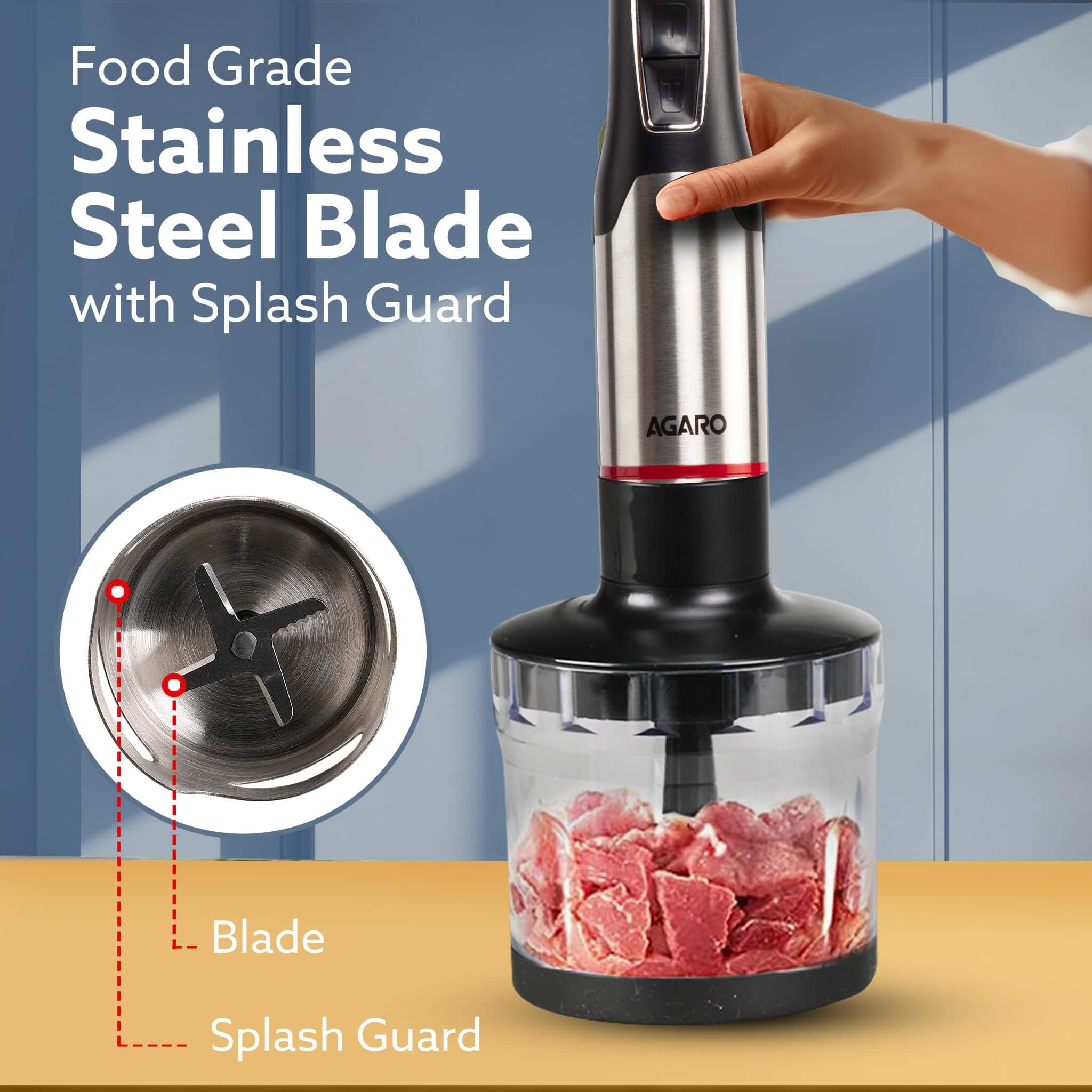 AGARO Royal 1500W Hand Blender Set with Chopper & Whisker - 20 Speed Settings with Copper Motor (Black)