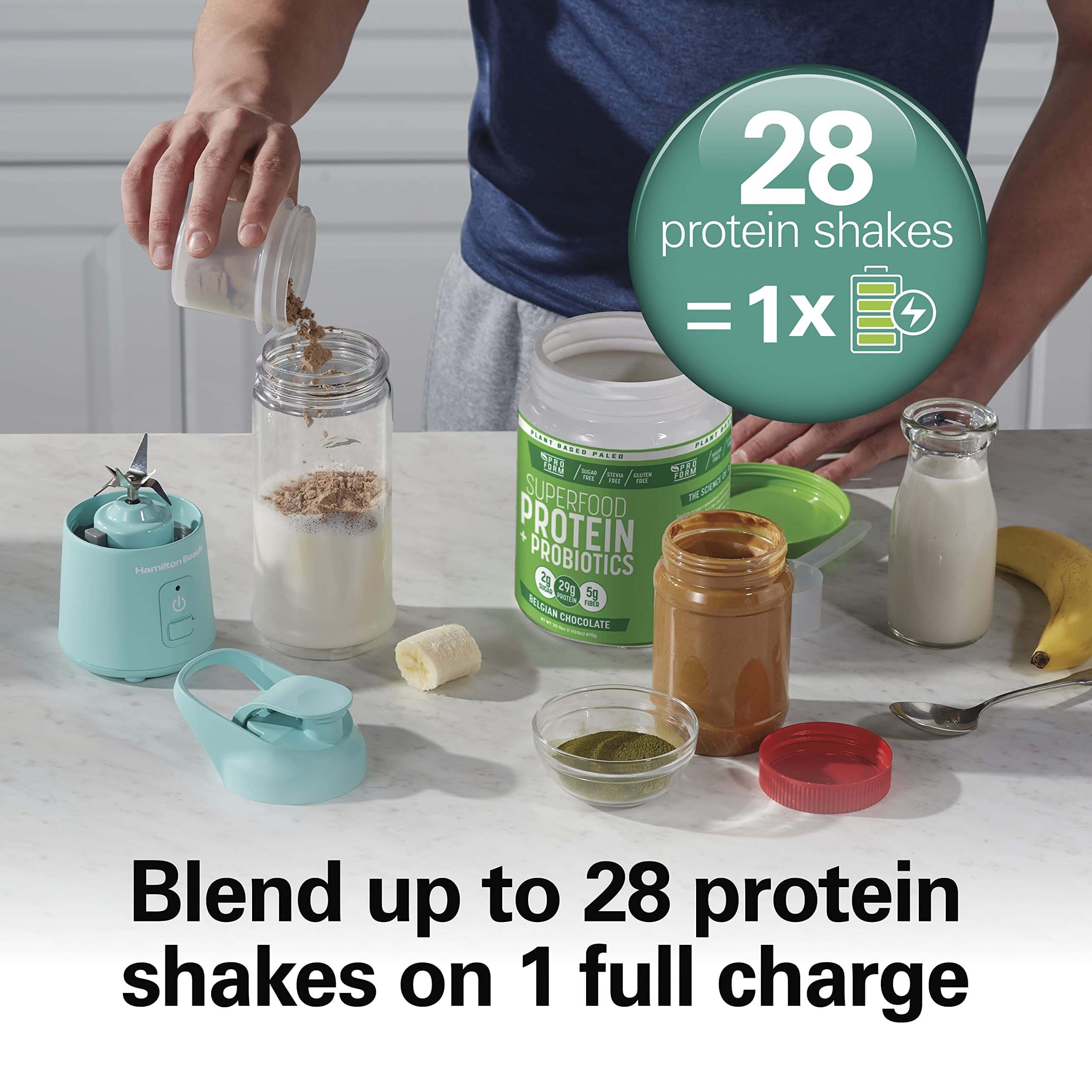 Hamilton Beach Portable Blender for Smoothies & Juices, Rechargeable Personal Blender - Aqua