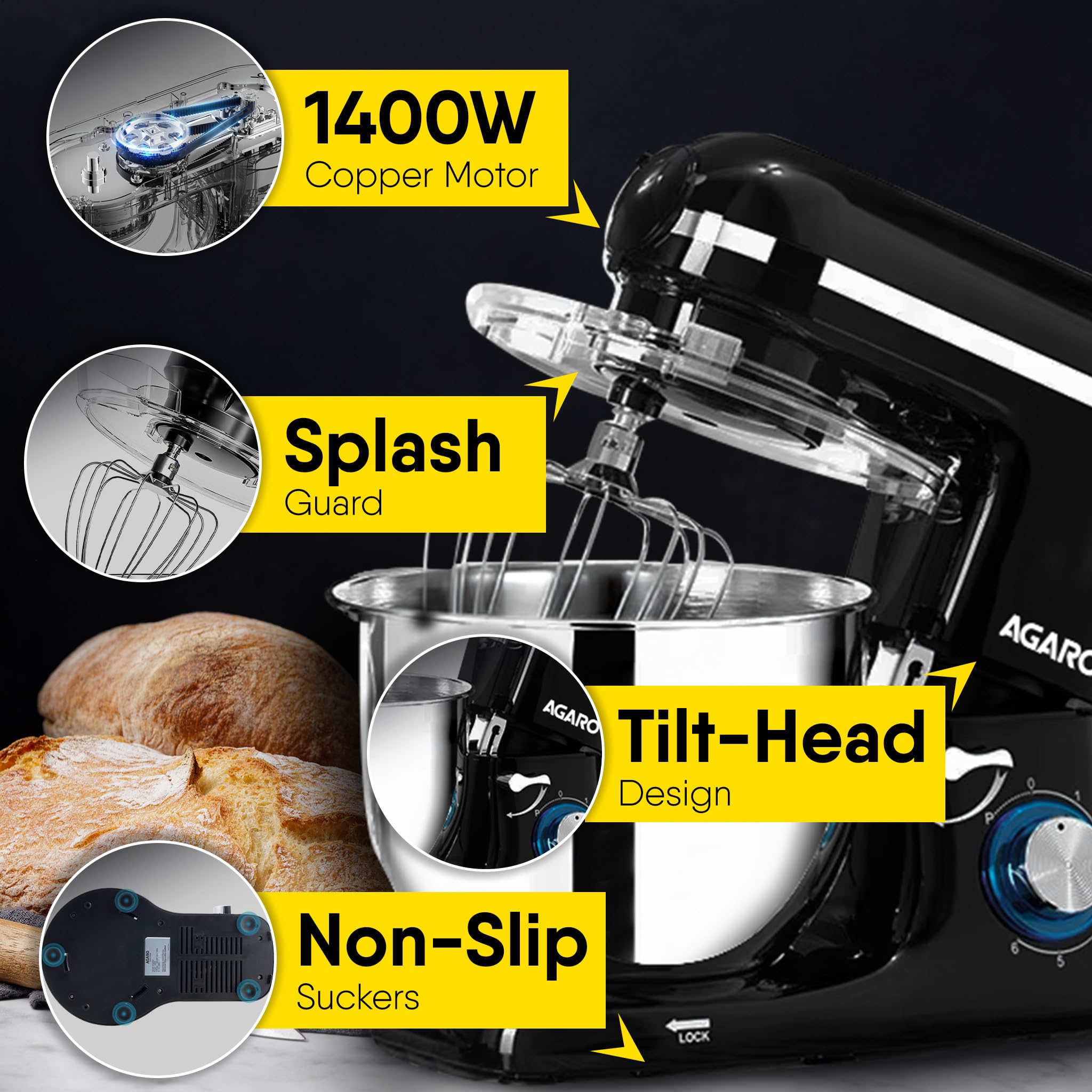 AGARO Regency Stand Mixer 1400W with Meat Grinder, 6L SS Bowl & 1.5L Jar (Black)