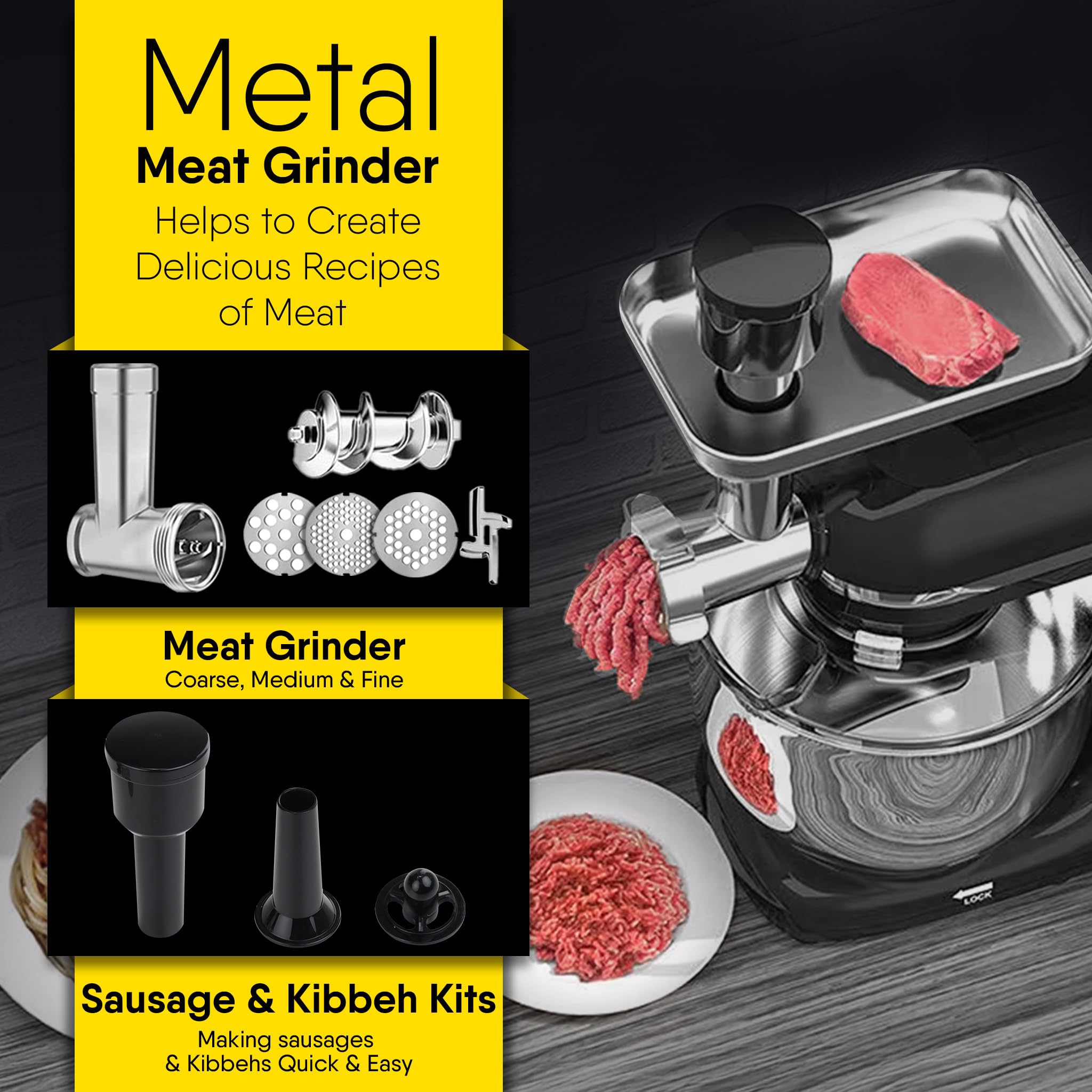 AGARO Regency Stand Mixer 1400W with Meat Grinder, 6L SS Bowl & 1.5L Jar (Black)