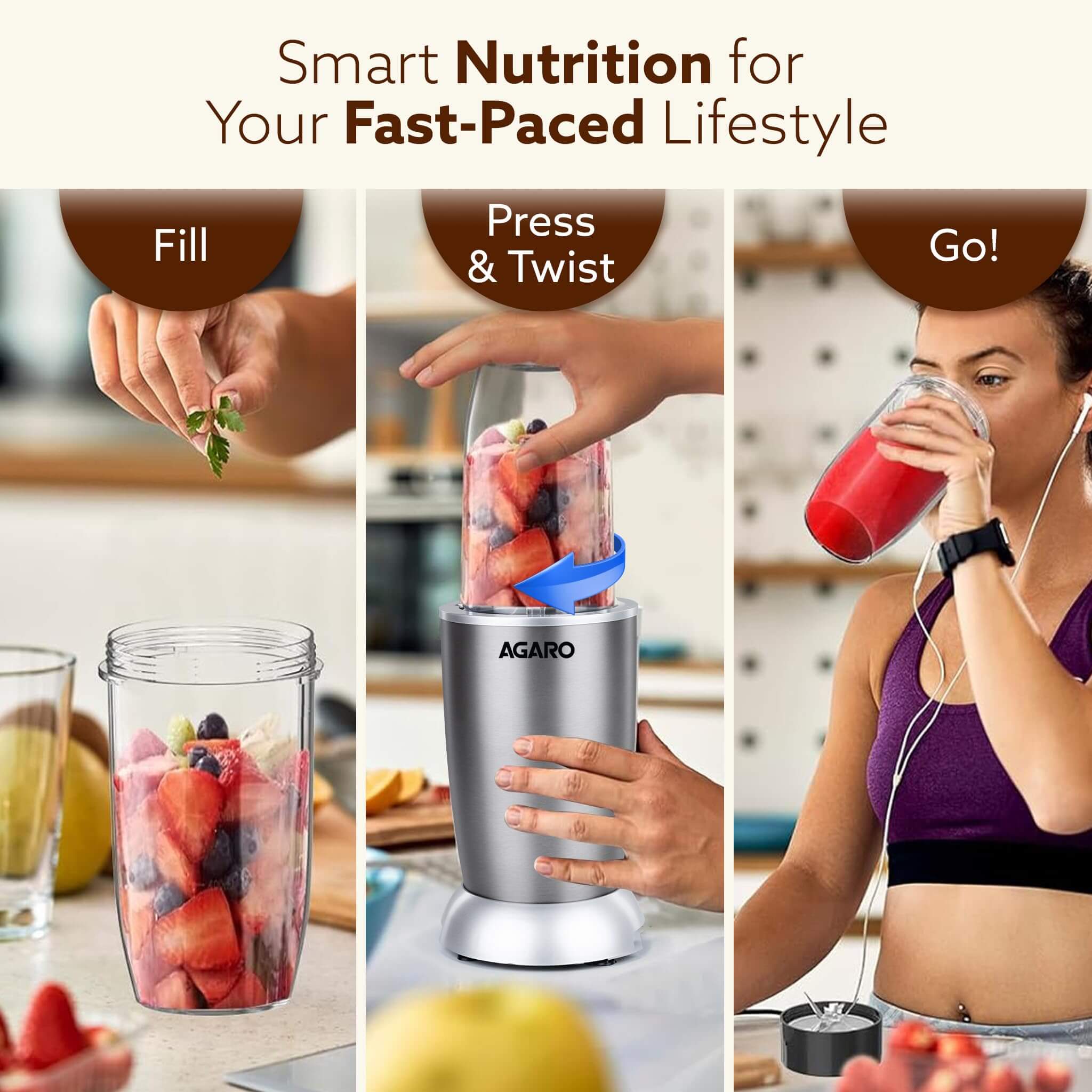 AGARO Nutri-Max 1000W Personal Blender with Stainless Steel Body - Smoothie Maker & Grinder for Home Kitchen