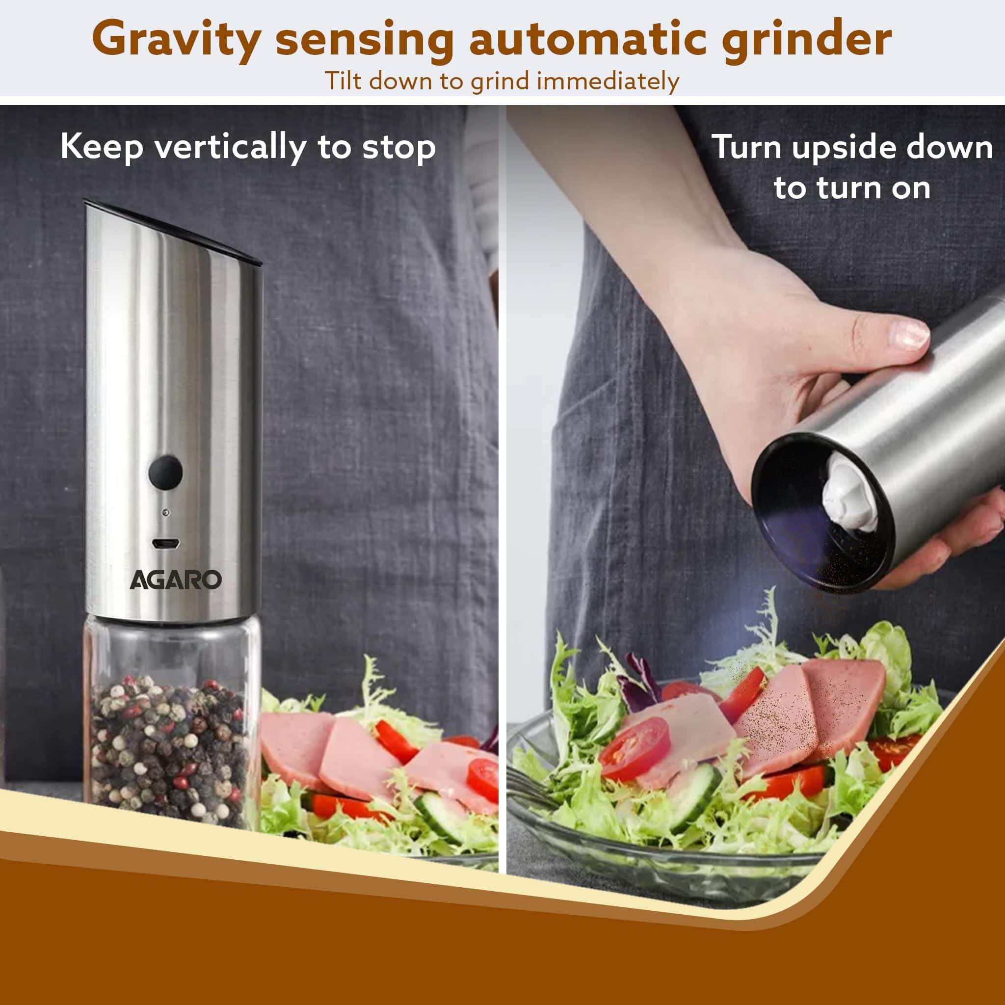 AGARO Gravity Automatic Salt Pepper Grinder Rechargeable Stainless Steel Mill