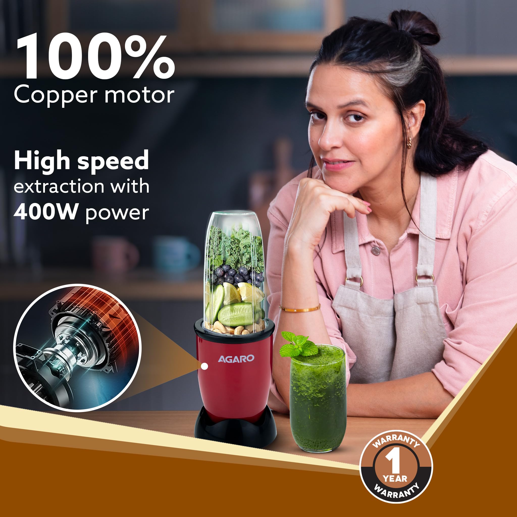 AGARO Regal 3 Jar Personal Blender | 400W Mixer Grinder | Smoothie & Juice Maker