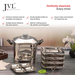 JVL Square Idly and Dhokla Maker 4 Plates Stainless Steel Steamer Set with Tri-Ply Base