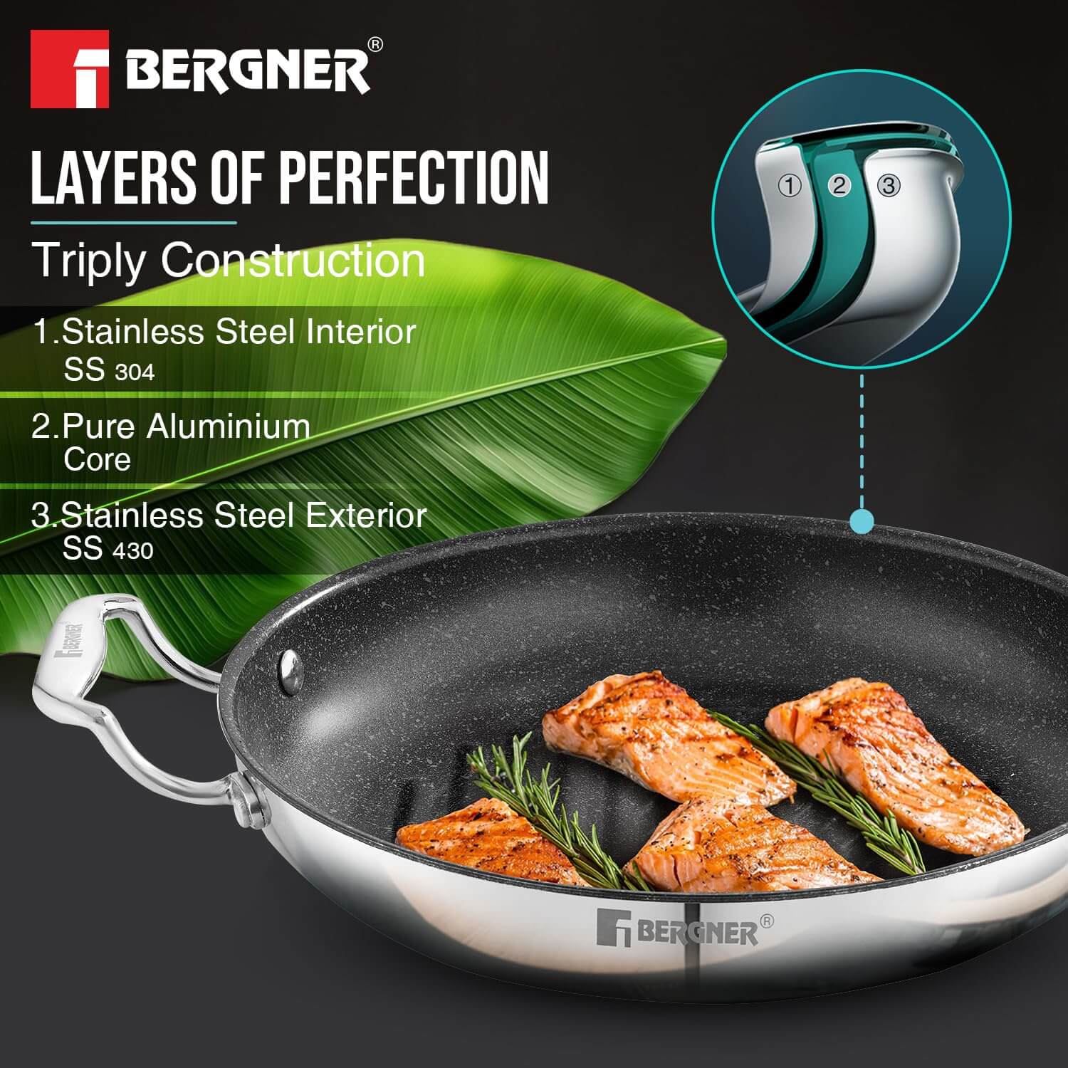 BERGNER Argent Samsara 26cm Grill Pan – Tri-Ply Stainless Steel with Quantanium Non-Stick Coating
