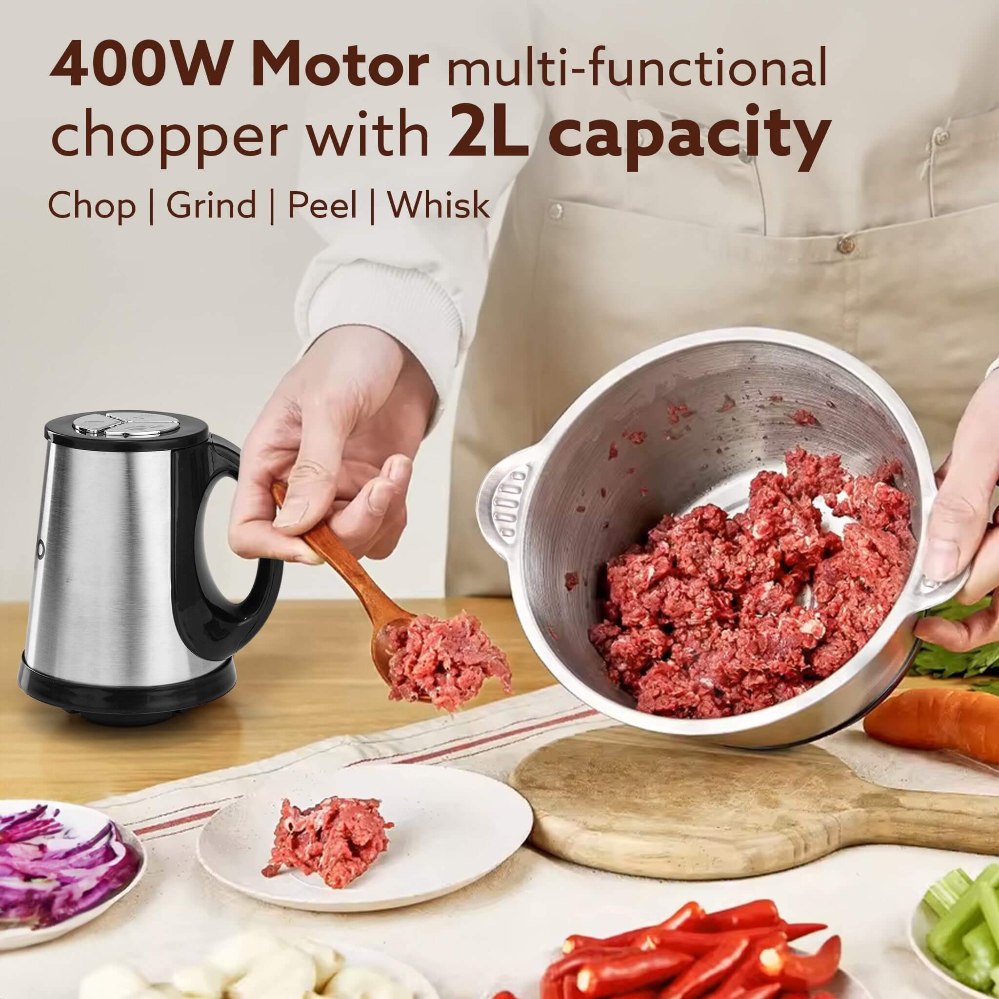 AGARO Delite Vegetable & Meat Chopper for Kitchen, Garlic Peeler, Egg Whisker, 2L Bowl, 400W Motor, 3 Speed Settings, Meat Grinder, Vegetable Mixer, Stainless Steel Body, Onion, Garlic, Fruits.