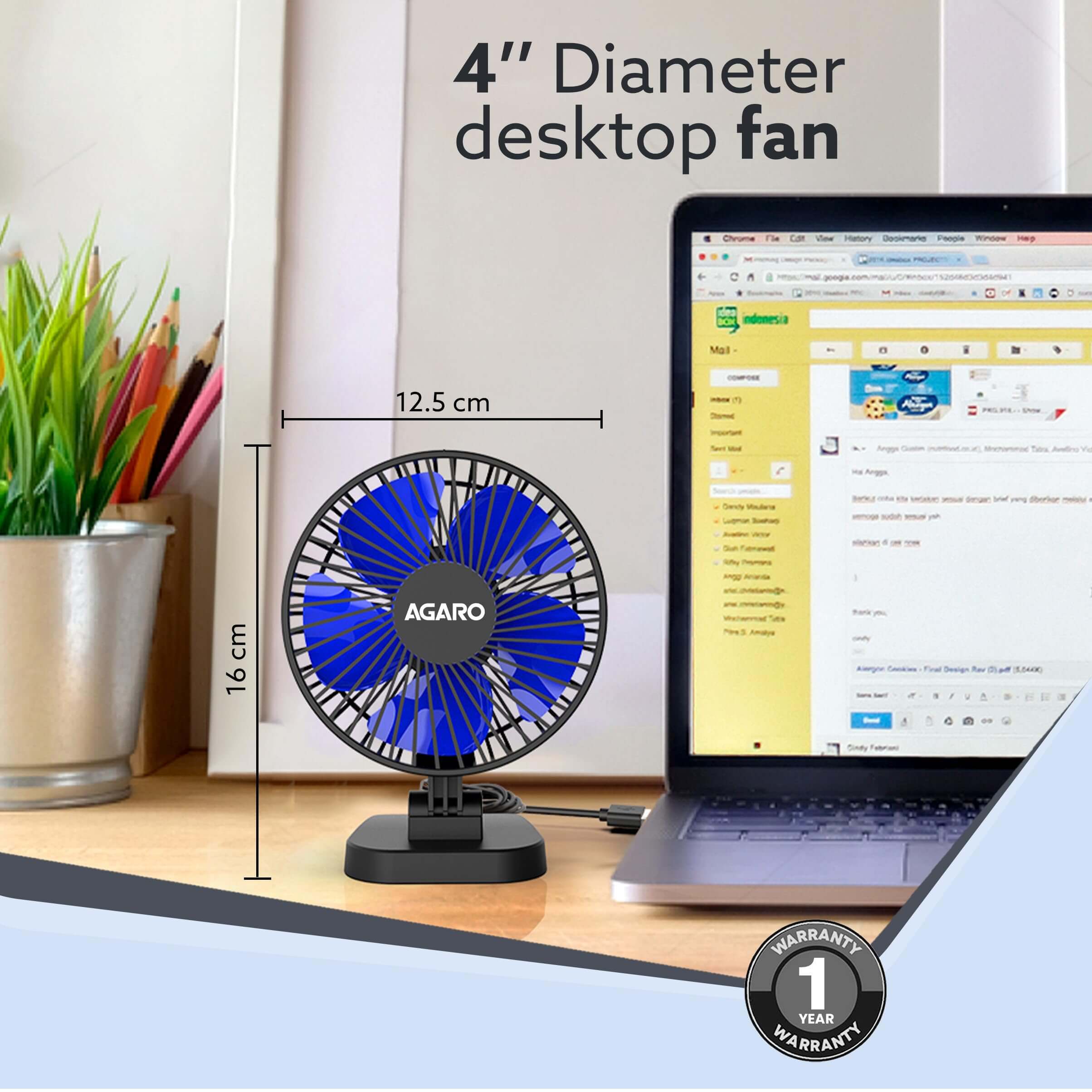 AGARO Breeze 4-Inch USB Desktop Fan with 3 Speed Settings & 40° Tilt Adjustment (Black)