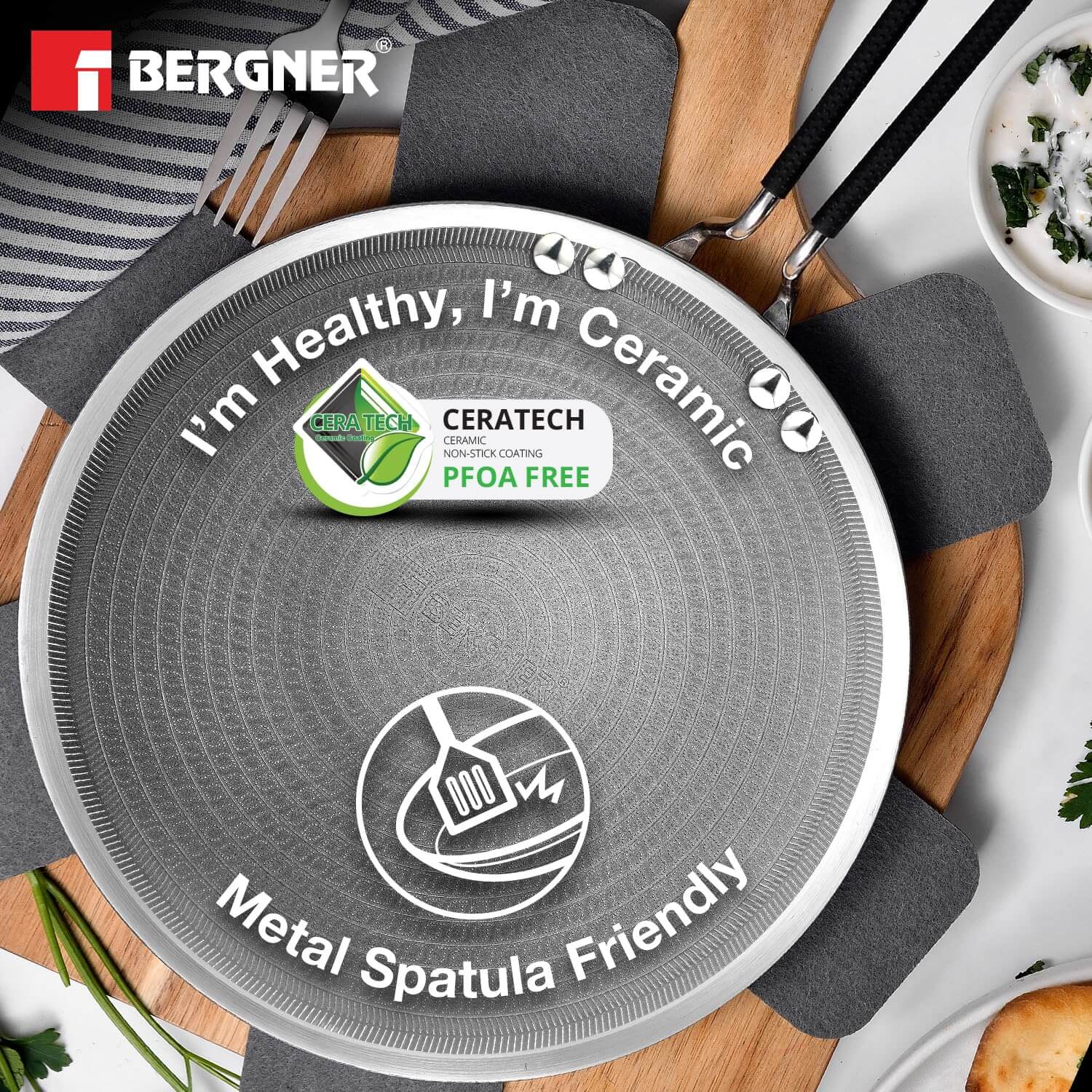 BERGNER Hi-Tech Giro Triply Ceramic Coated Roti Tawa with Stay Cool Handle, Induction Compatible