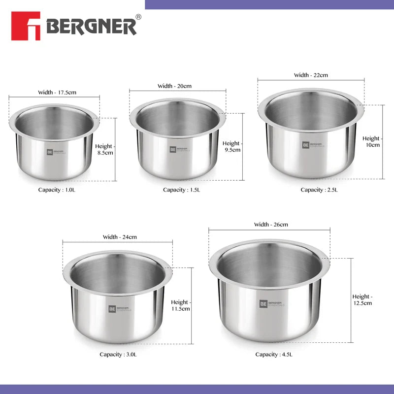 Bergner BE Essentials 5 Pcs Triply Tope Set - Stainless Steel BGIN-6249