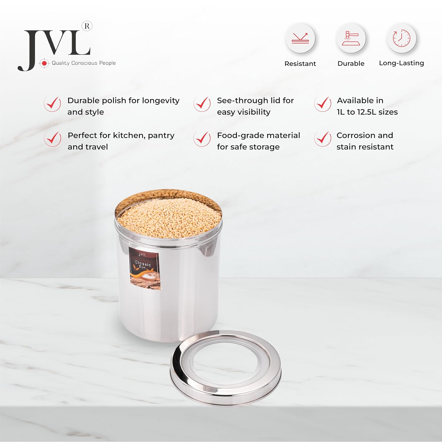 JVL Classic Tin Stainless Steel Storage Container with See-Through Lid