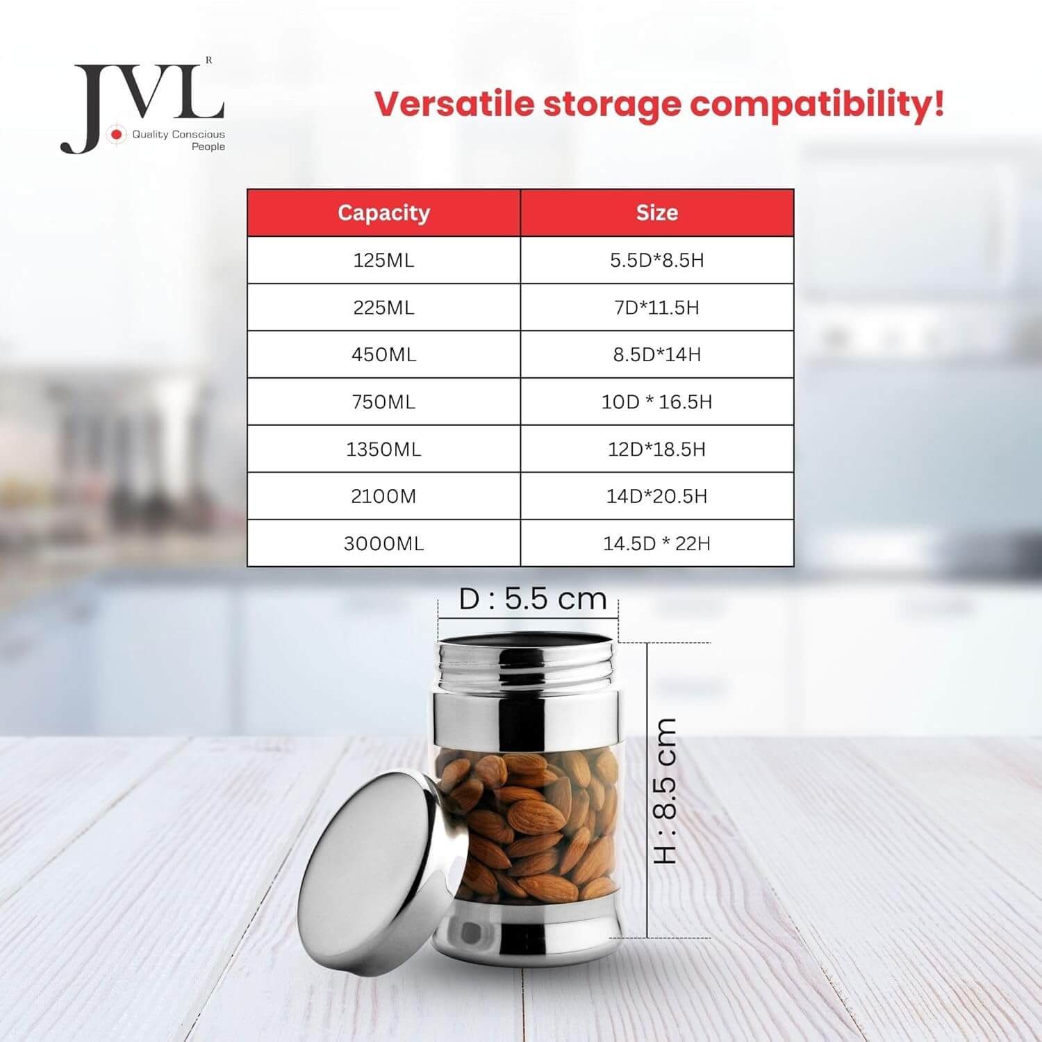 JVL Fusion FOC Series Stainless Steel Kitchen Storage Canisters - Airtight Dry Food Containers
