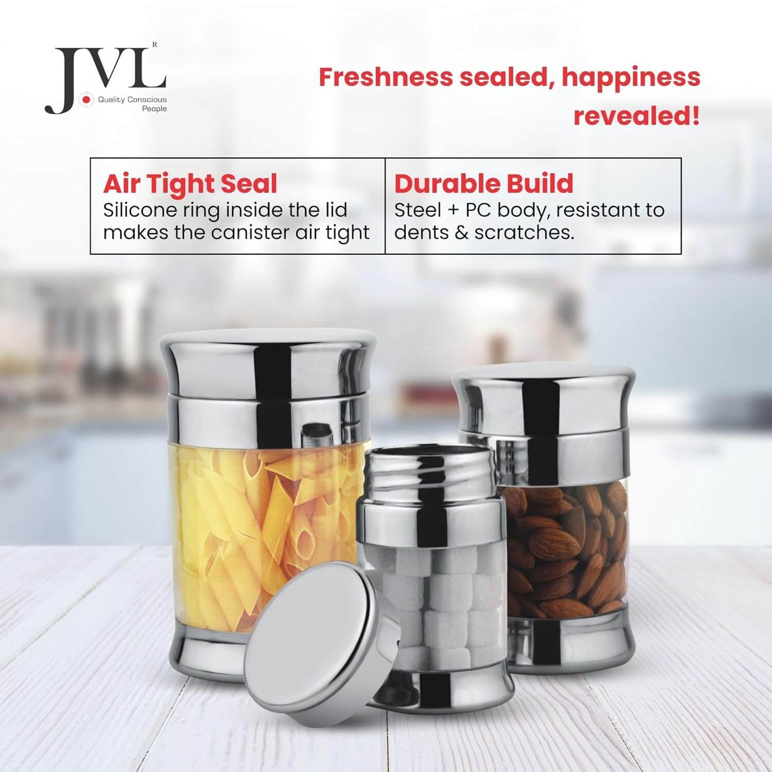 JVL Fusion FOC Series Stainless Steel Kitchen Storage Canisters - Airtight Dry Food Containers