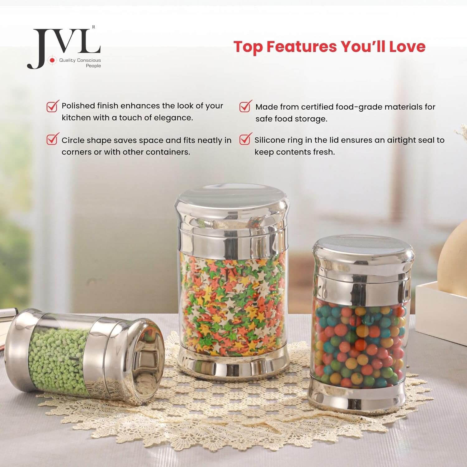 JVL Fusion FOC Series Stainless Steel Kitchen Storage Canisters - Airtight Dry Food Containers