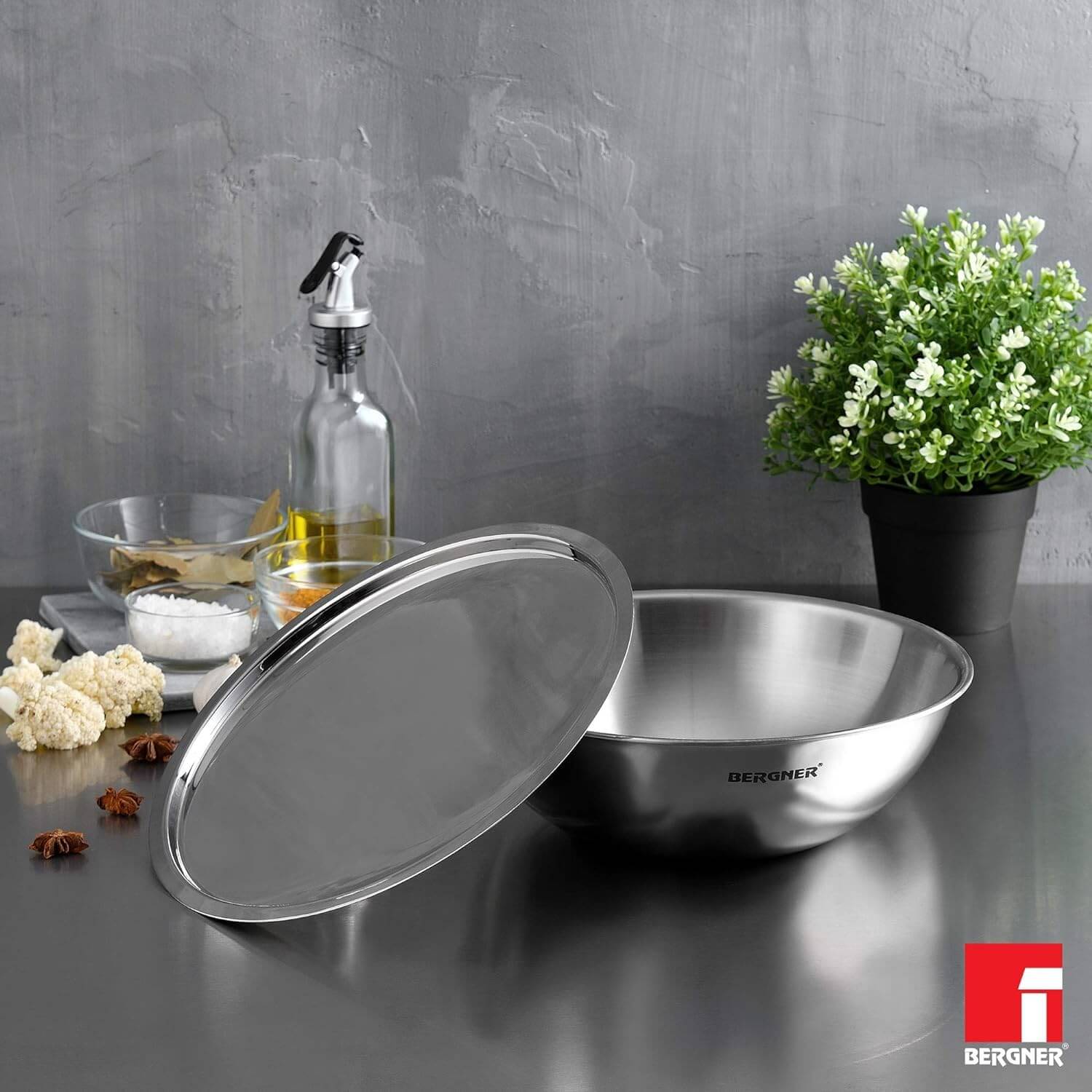 BERGNER Argent TriPly Stainless Steel Tasra with Lid - Induction & Gas Compatible Food Safe Cookware