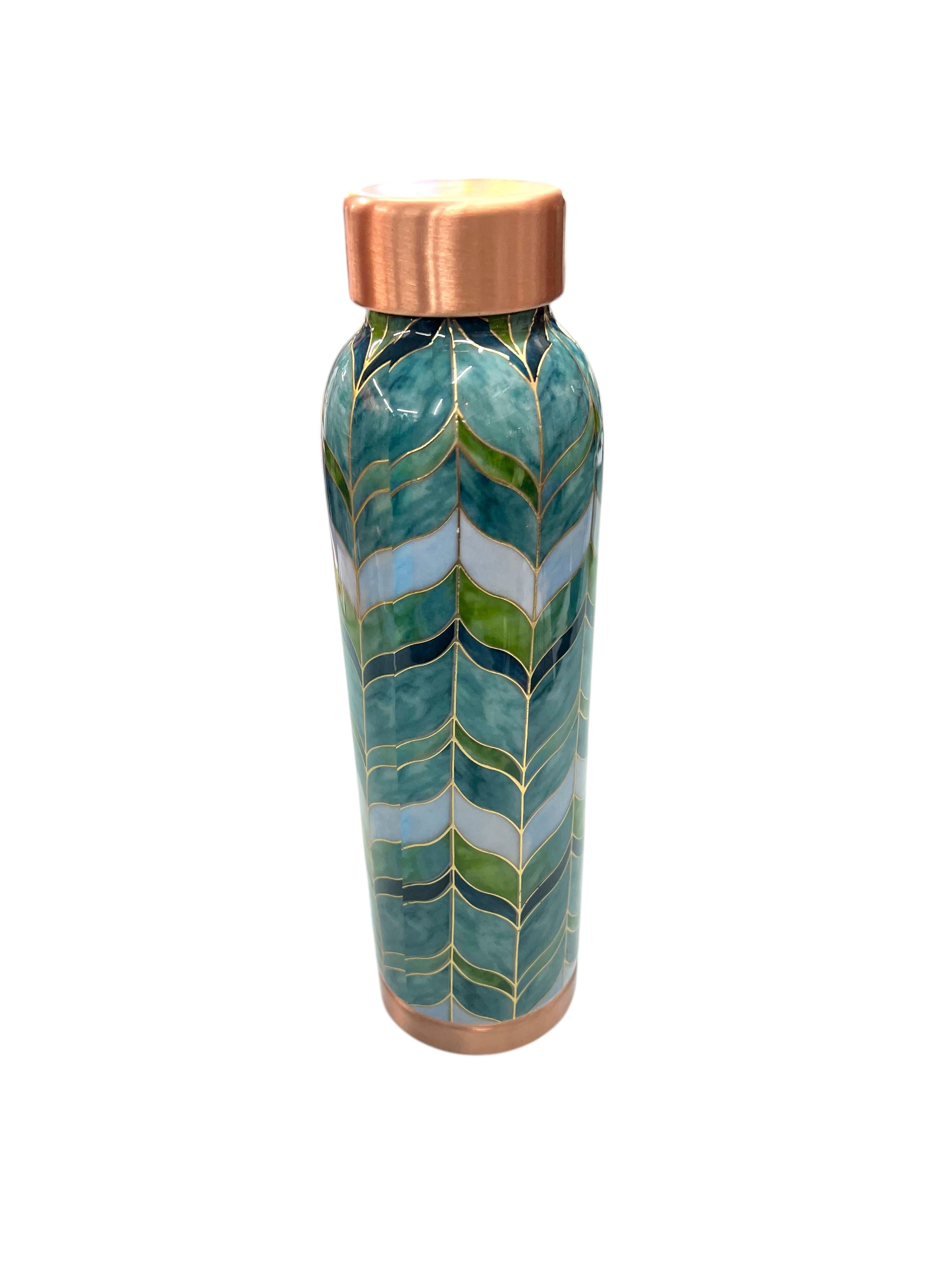 Attro Copper Water Bottle 1000ml Green Leaf Gold Deluxe Design - Handcrafted Pure Copper