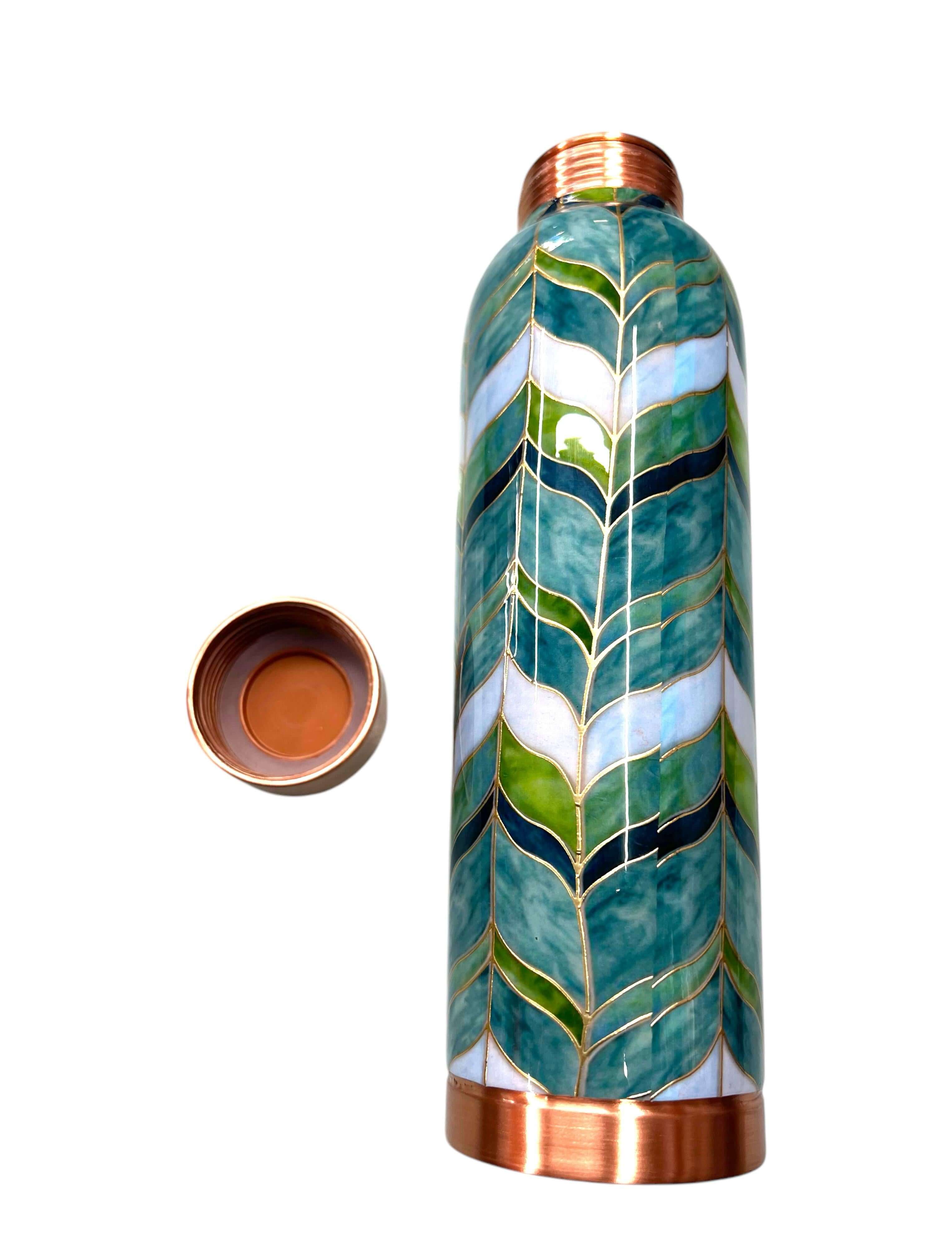 Attro Copper Water Bottle 1000ml Green Leaf Gold Deluxe Design - Handcrafted Pure Copper