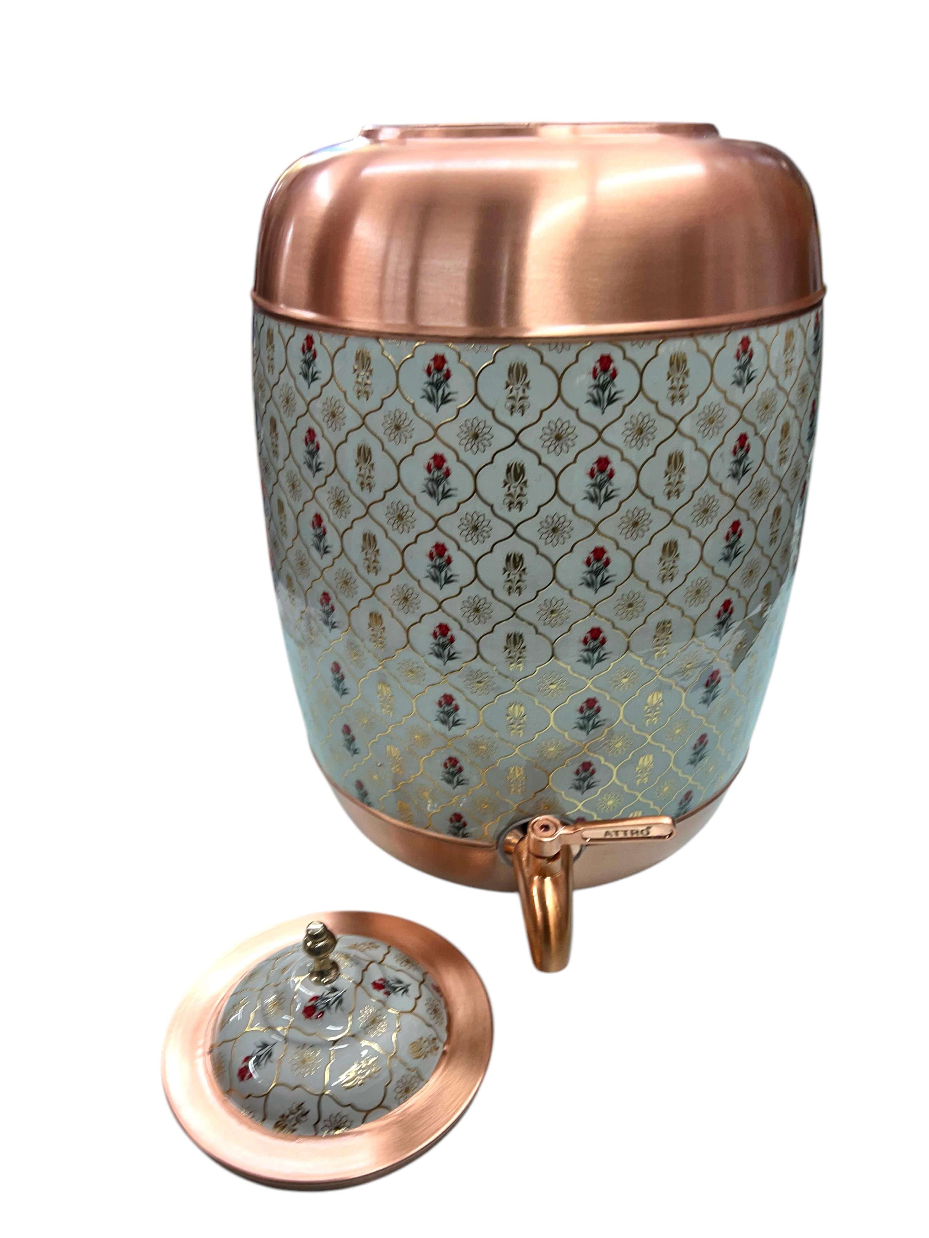 ATtro Kubera 11L Copper Water Dispenser with Hand-Painted Floral Design - Sea Green Flower Gold
