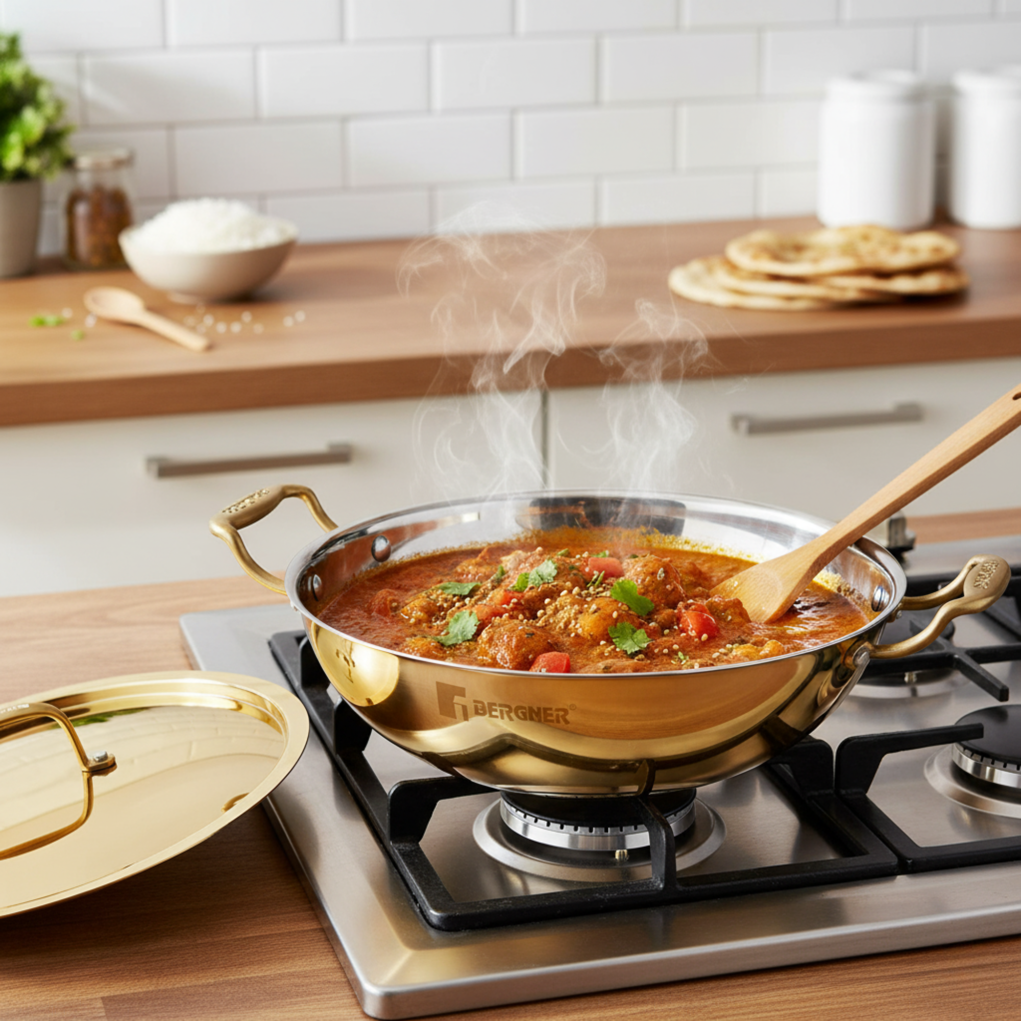 BERGNER Peetlam Kadai with Lid, Brass Kadai with Tin (Kalai) Coated, Healthy Cooking, Traditional Kadhai with Ergonomic PVD Gold Handle