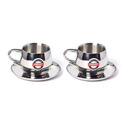 Embassy Tea Cup and Saucer, Stainless Steel, Pack of 2, 100 ml/Cup