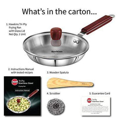 HAWKINS Tri-ply Stainless Steel Frying Pan 22 cm with Glass Lid