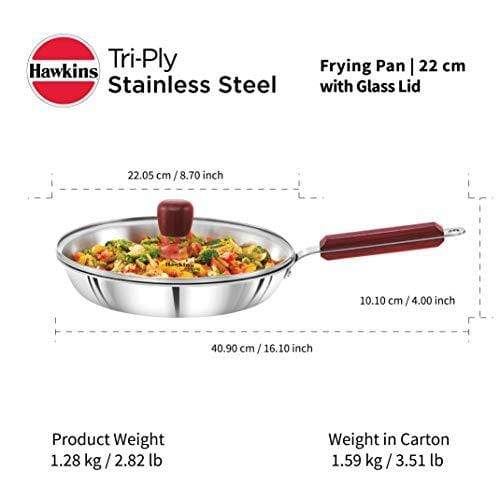 HAWKINS Tri-ply Stainless Steel Frying Pan 22 cm with Glass Lid