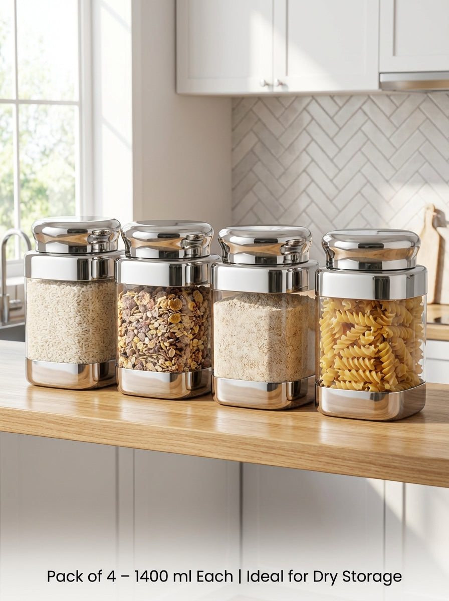 JVL Square Canister Airtight Steel Lid Kitchen Dry Storage Jar